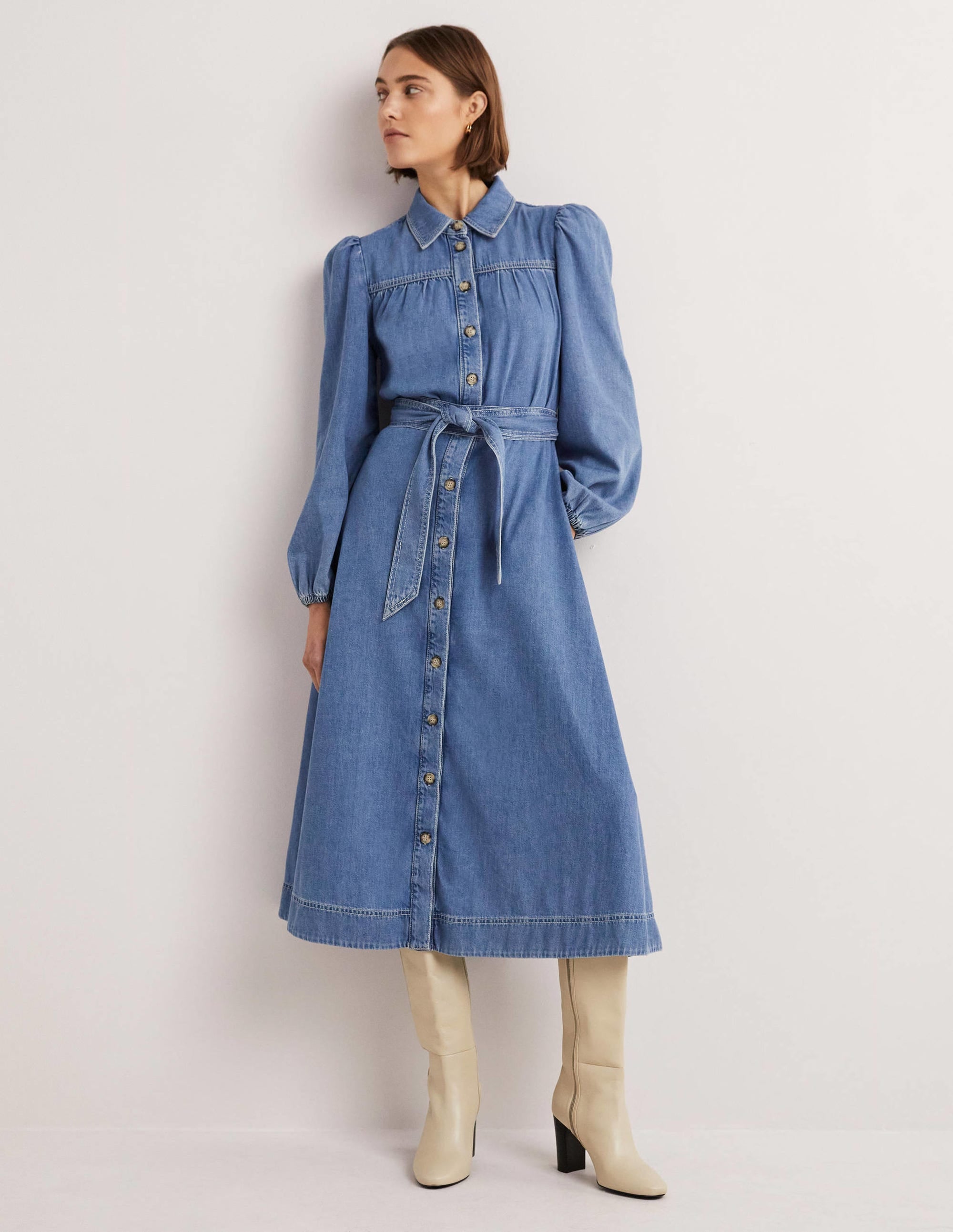 Denim Midi Shirt Dress-Light Denim - Image 2