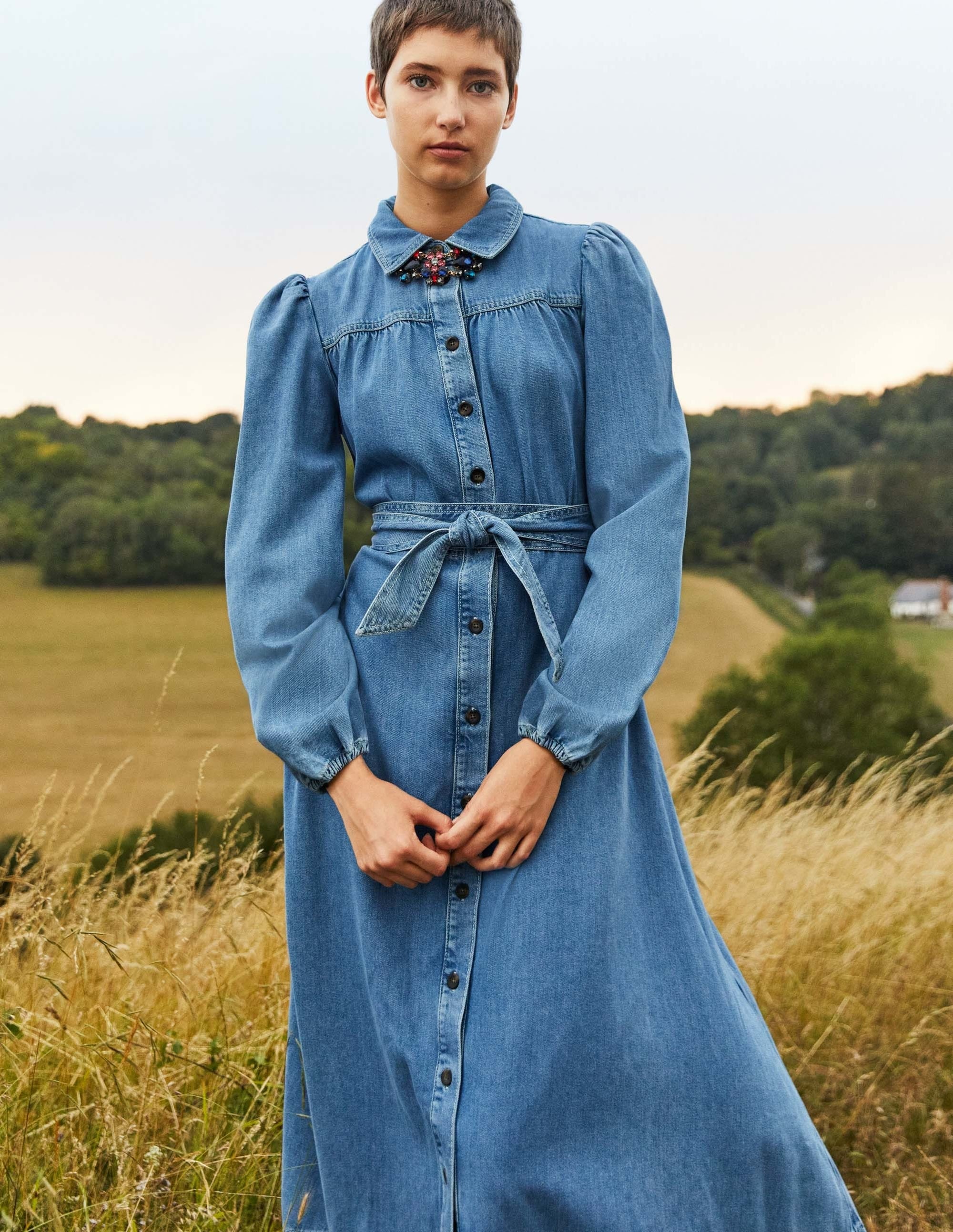 Denim Midi Shirt Dress-Light Denim - Image 6