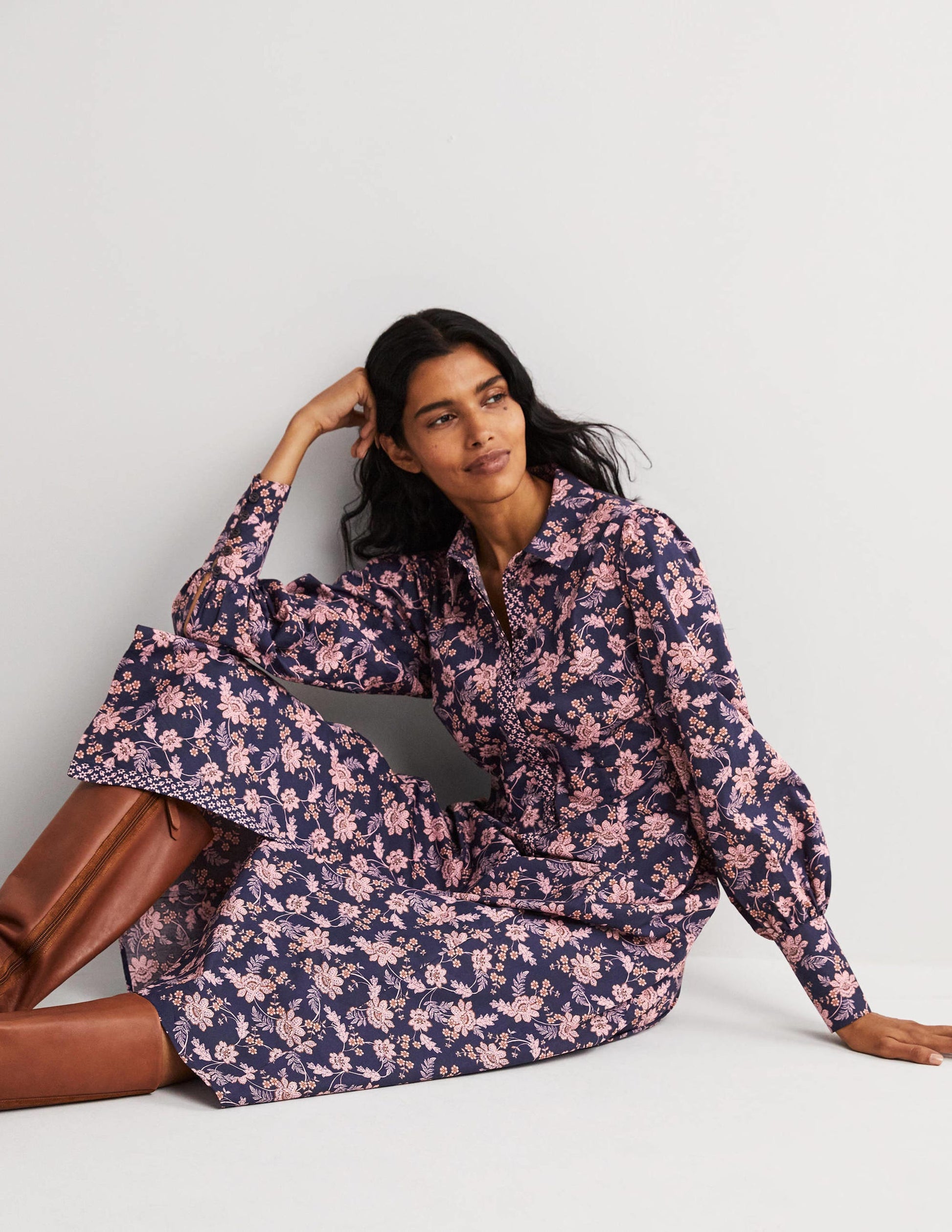 Empire Midi Shirt Dress-Navy, Chintz Bloom-1