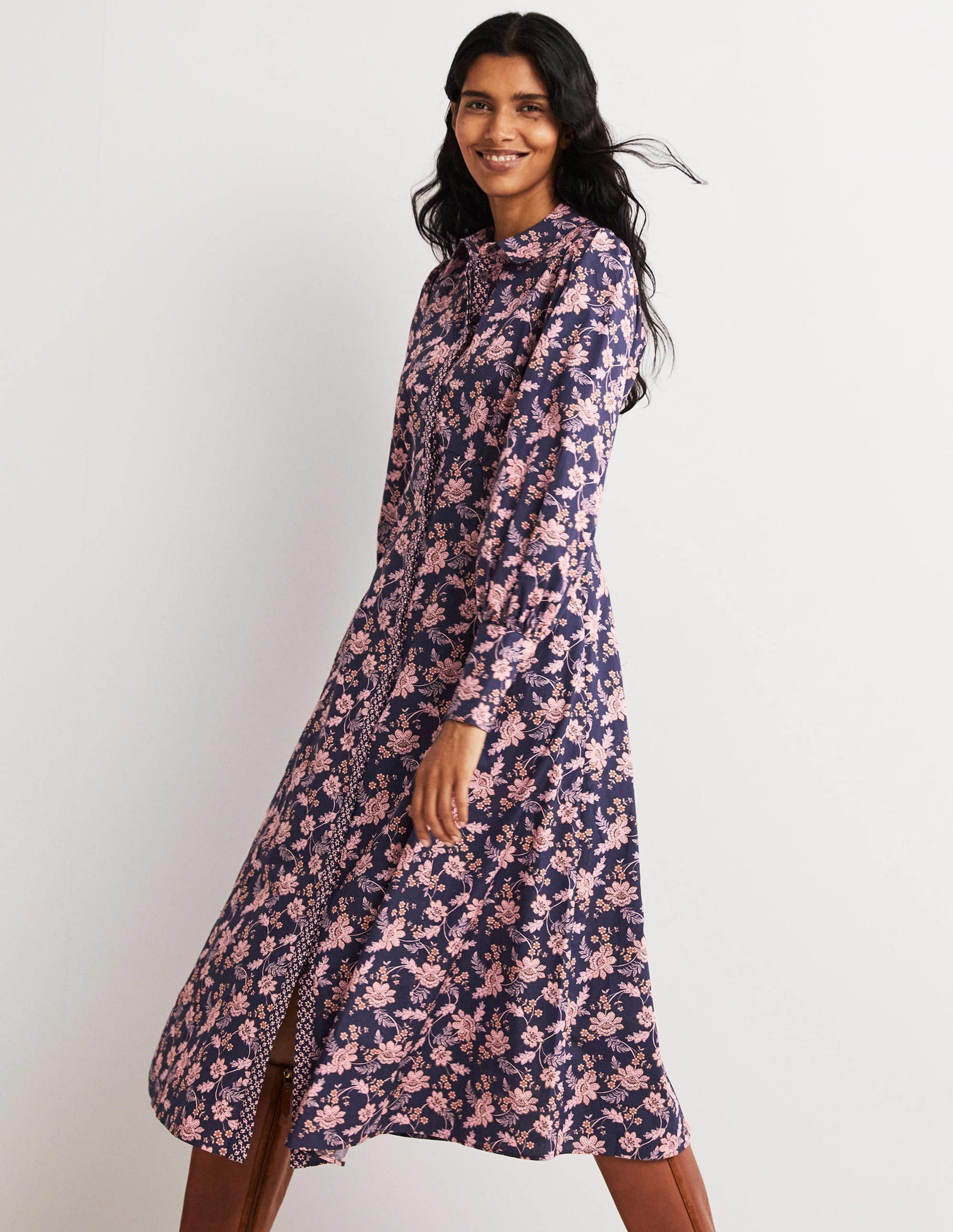 Empire Midi Shirt Dress-Navy, Chintz Bloom-5