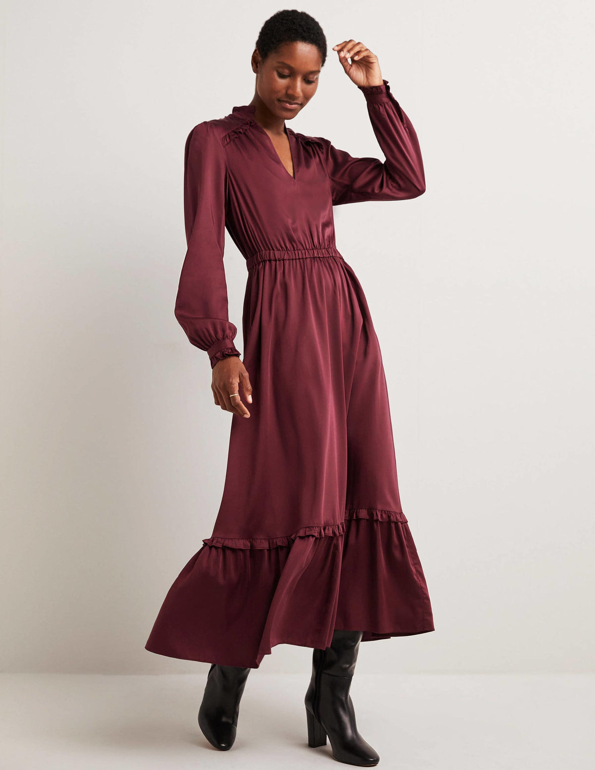 Pleat Detail Satin Midi Dress-Mulled Wine - Image 1