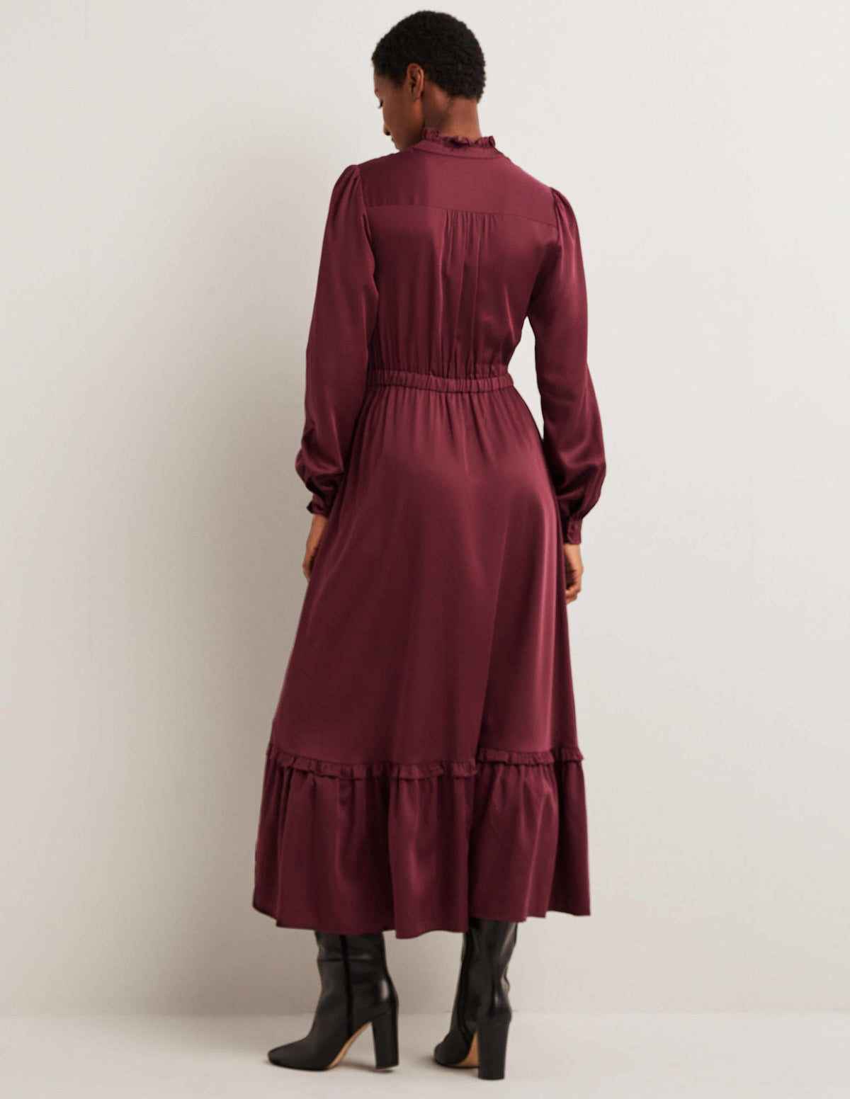 Pleat Detail Satin Midi Dress-Mulled Wine - Image 3