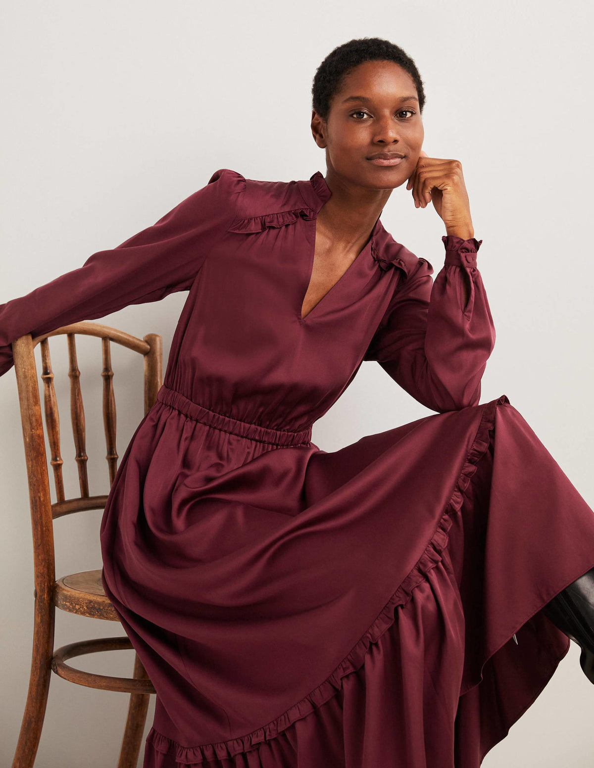 Pleat Detail Satin Midi Dress-Mulled Wine - Image 4