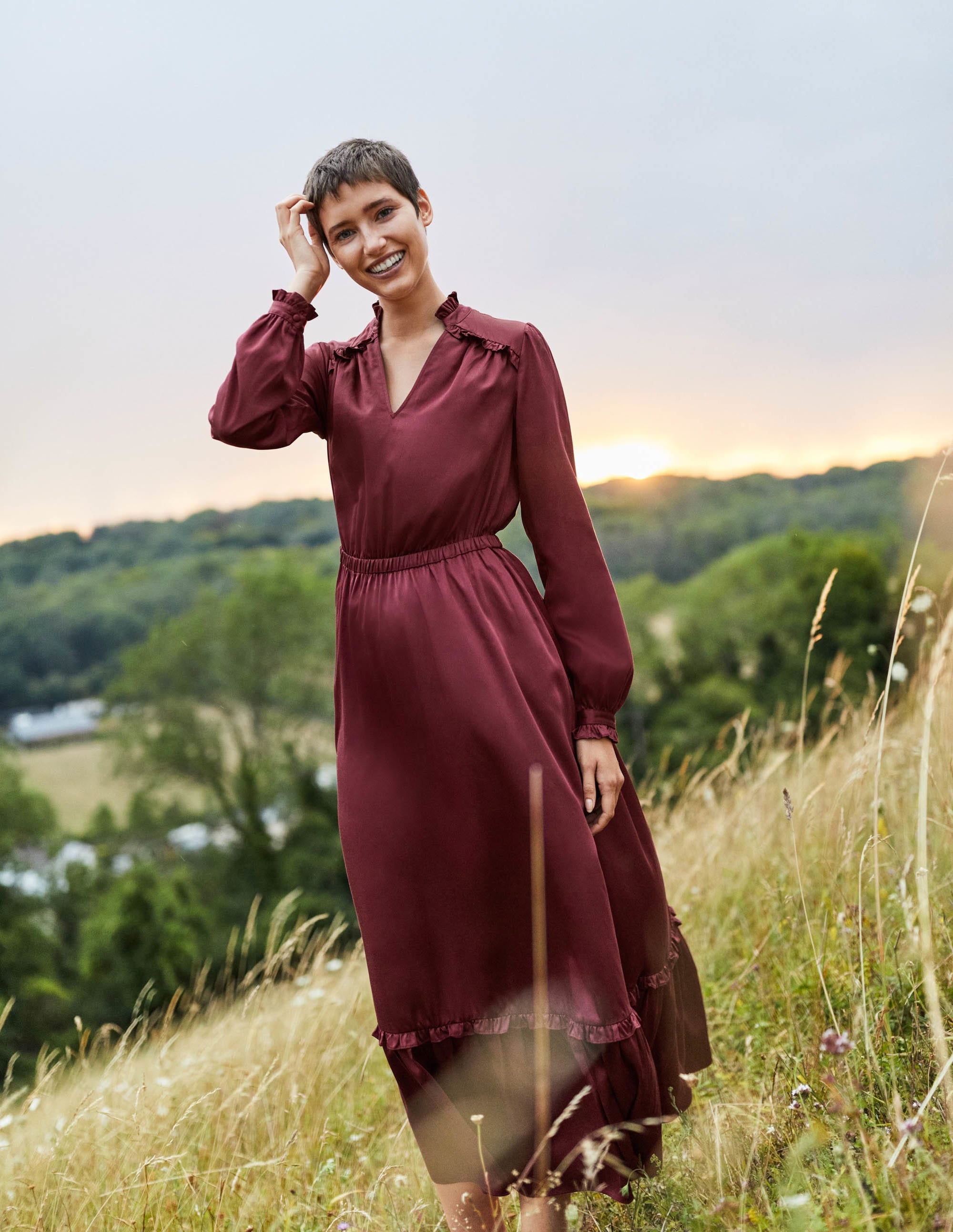 Pleat Detail Satin Midi Dress-Mulled Wine - Image 5