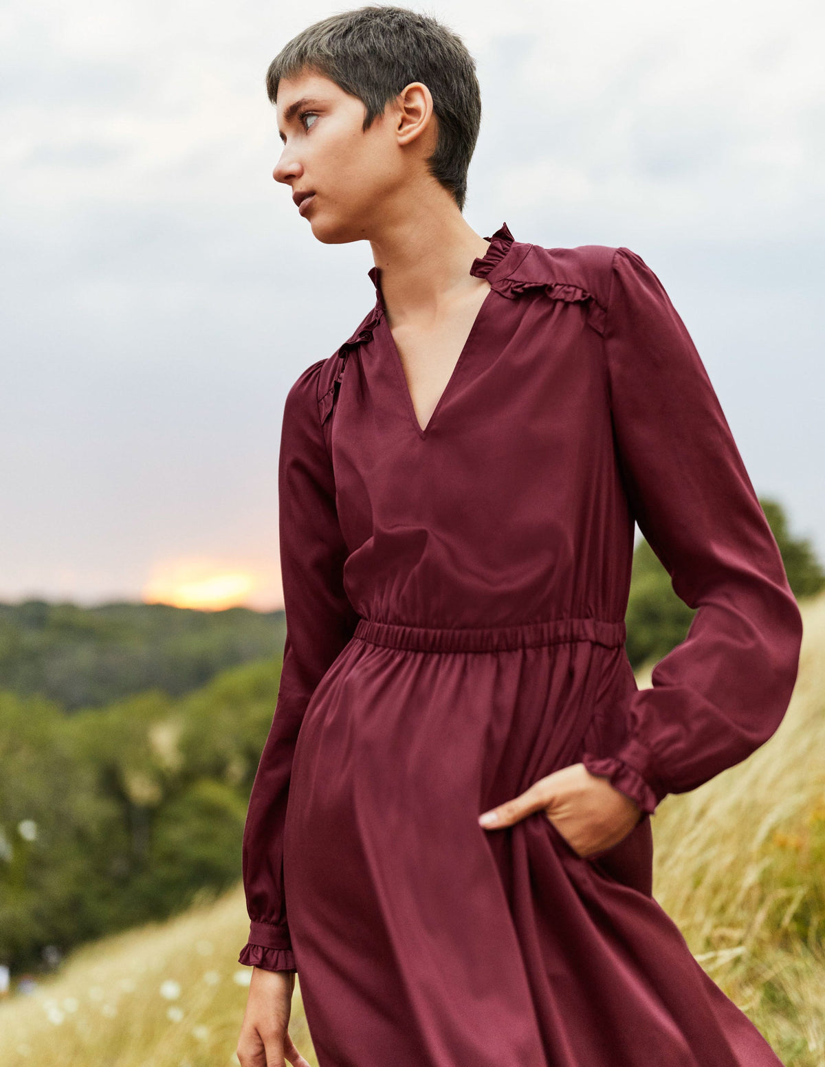 Pleat Detail Satin Midi Dress-Mulled Wine-6
