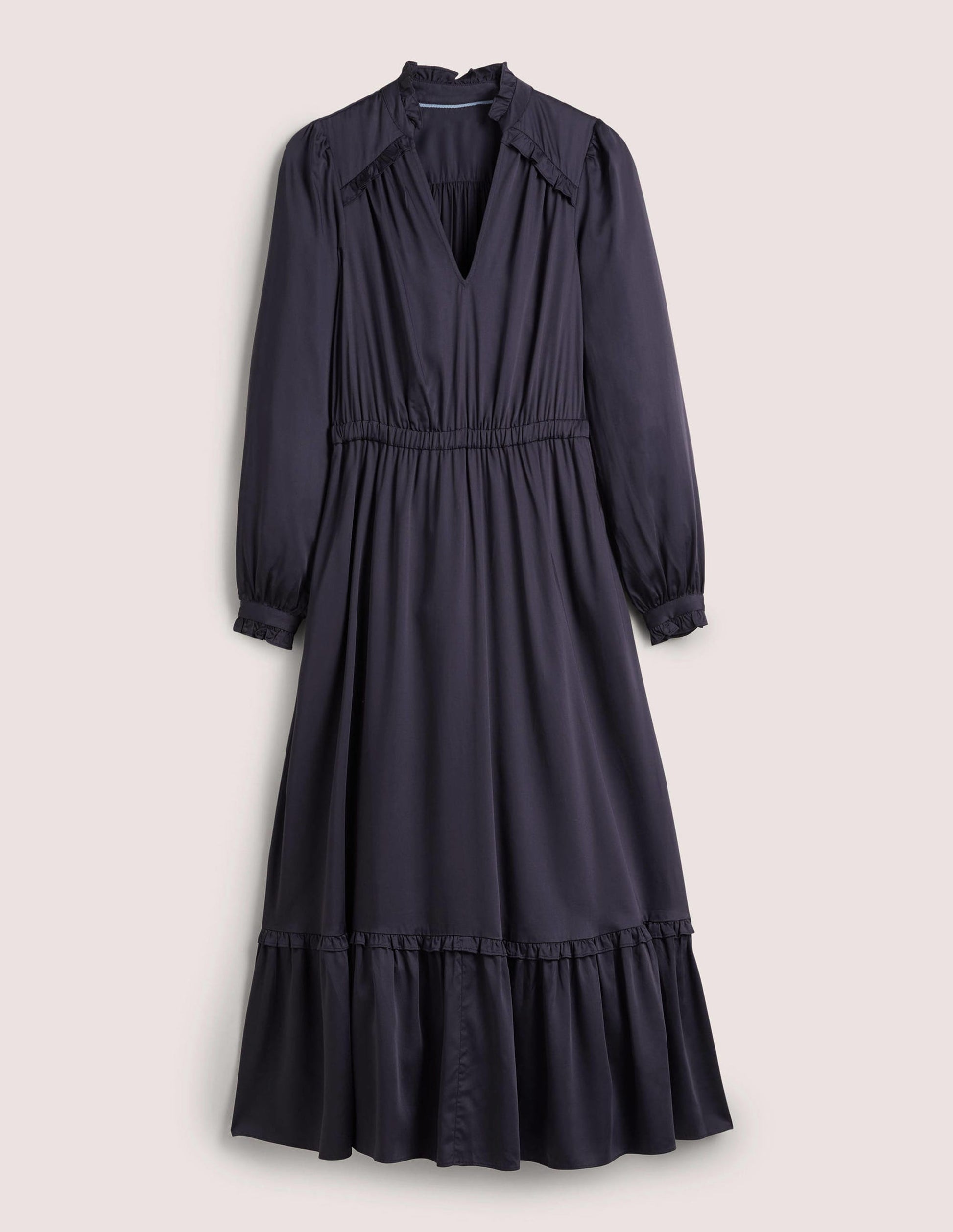 Pleat Detail Satin Midi Dress-Navy-7