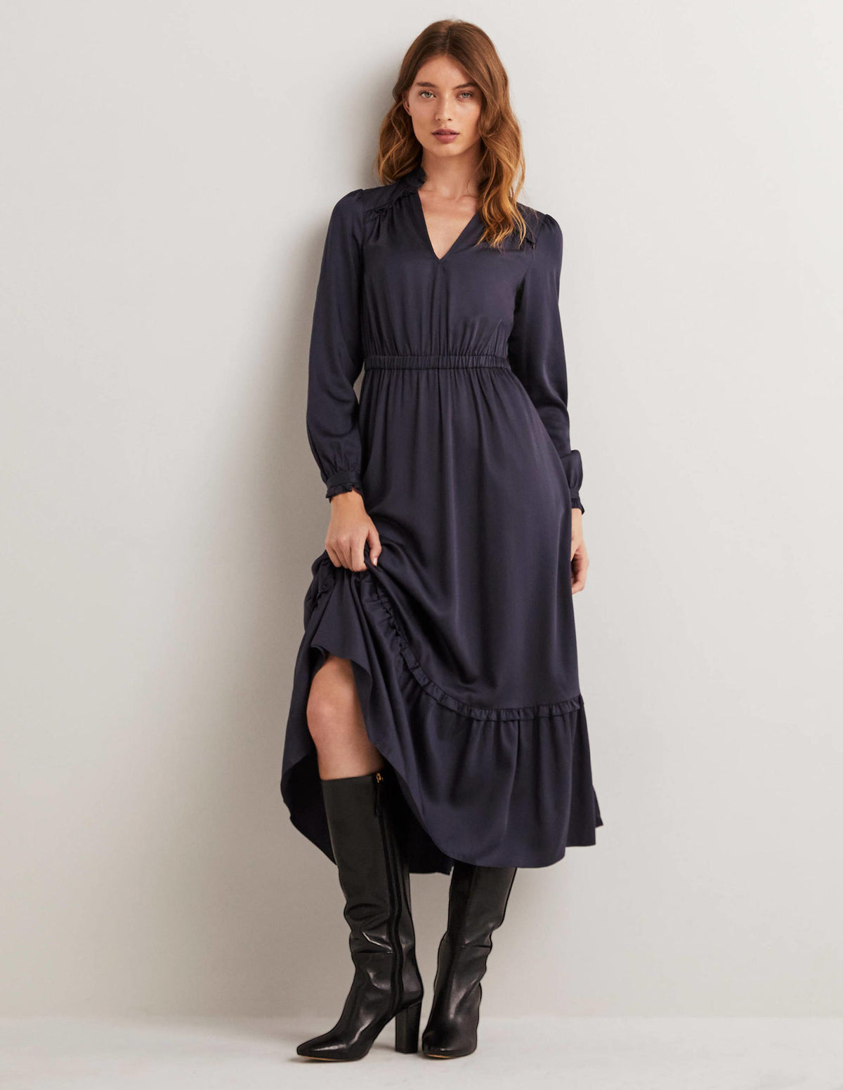 Pleat Detail Satin Midi Dress-Navy - Image 1