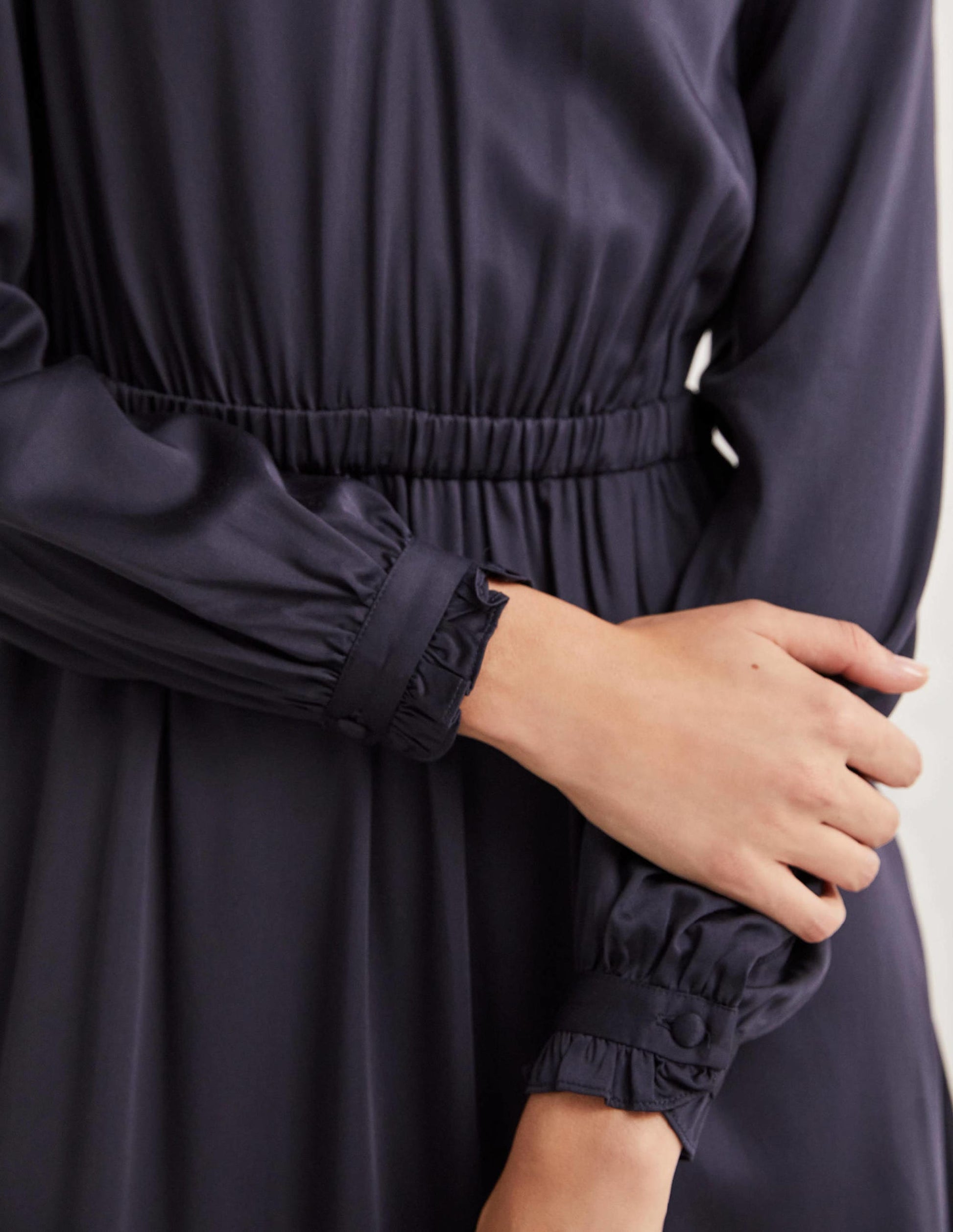 Pleat Detail Satin Midi Dress-Navy-2