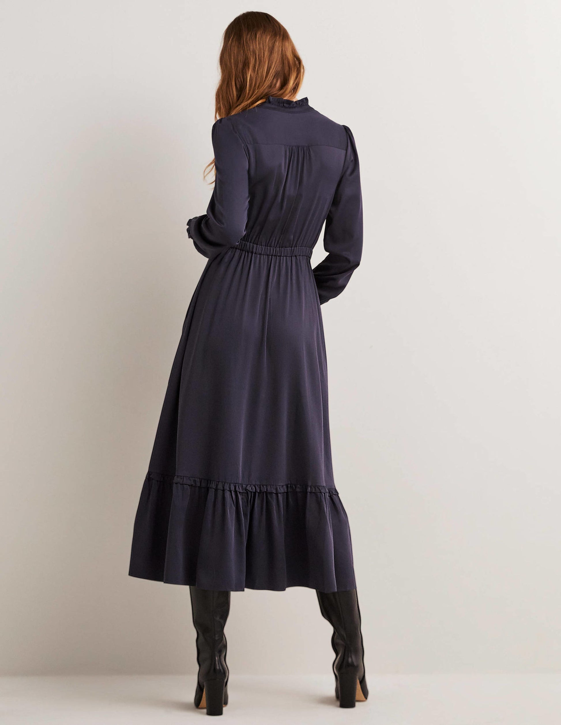 Pleat Detail Satin Midi Dress-Navy-3