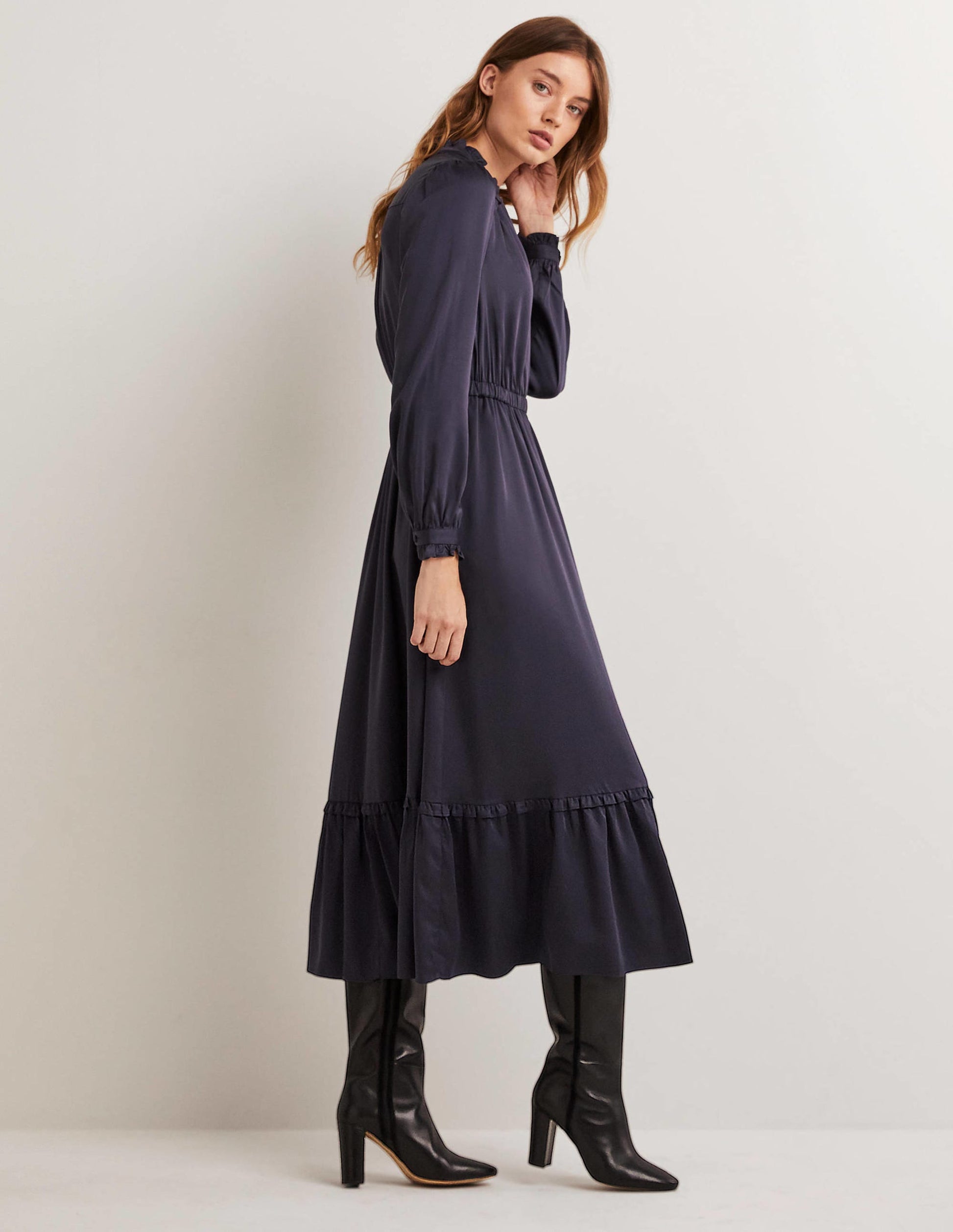 Pleat Detail Satin Midi Dress-Navy-4