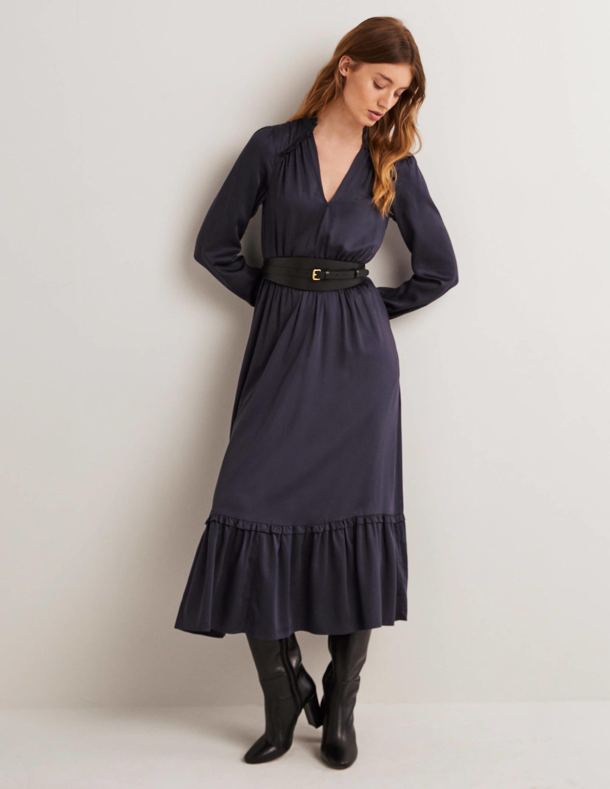 Pleat Detail Satin Midi Dress-Navy - Image 5