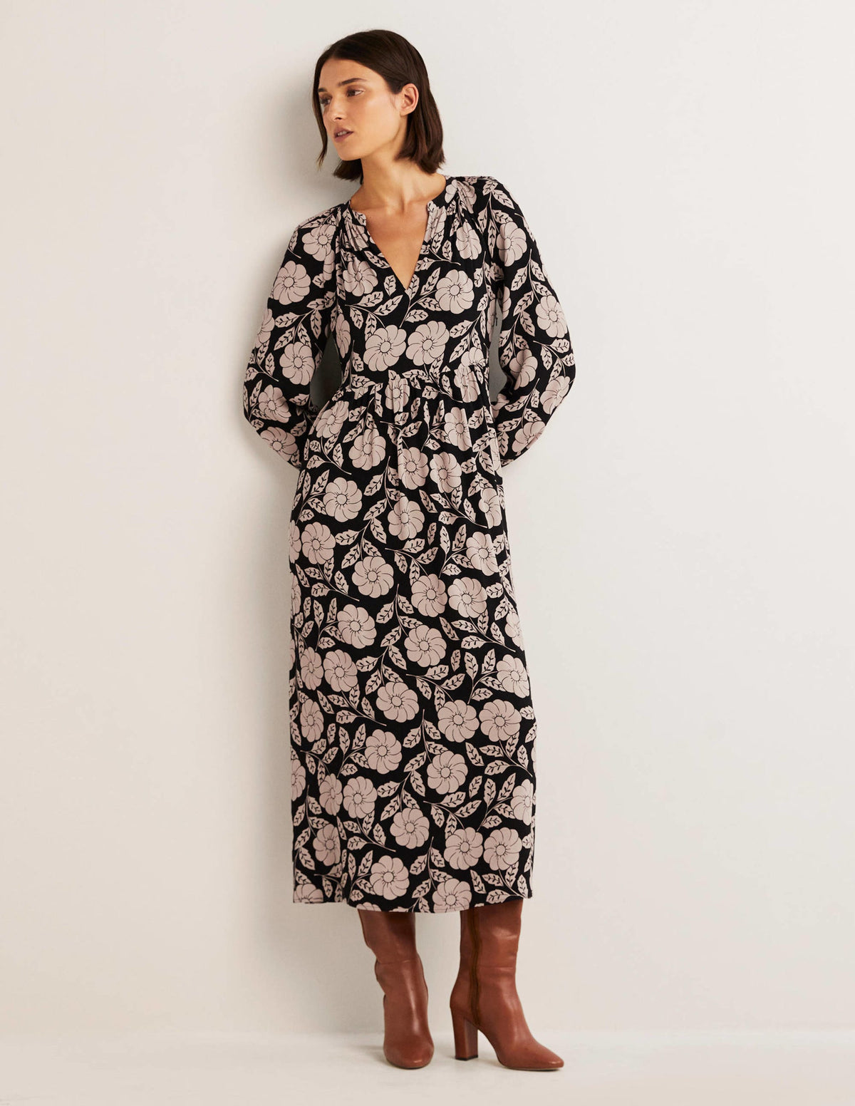 Printed Notch Neck Maxi Dress-Black, Botanica-1