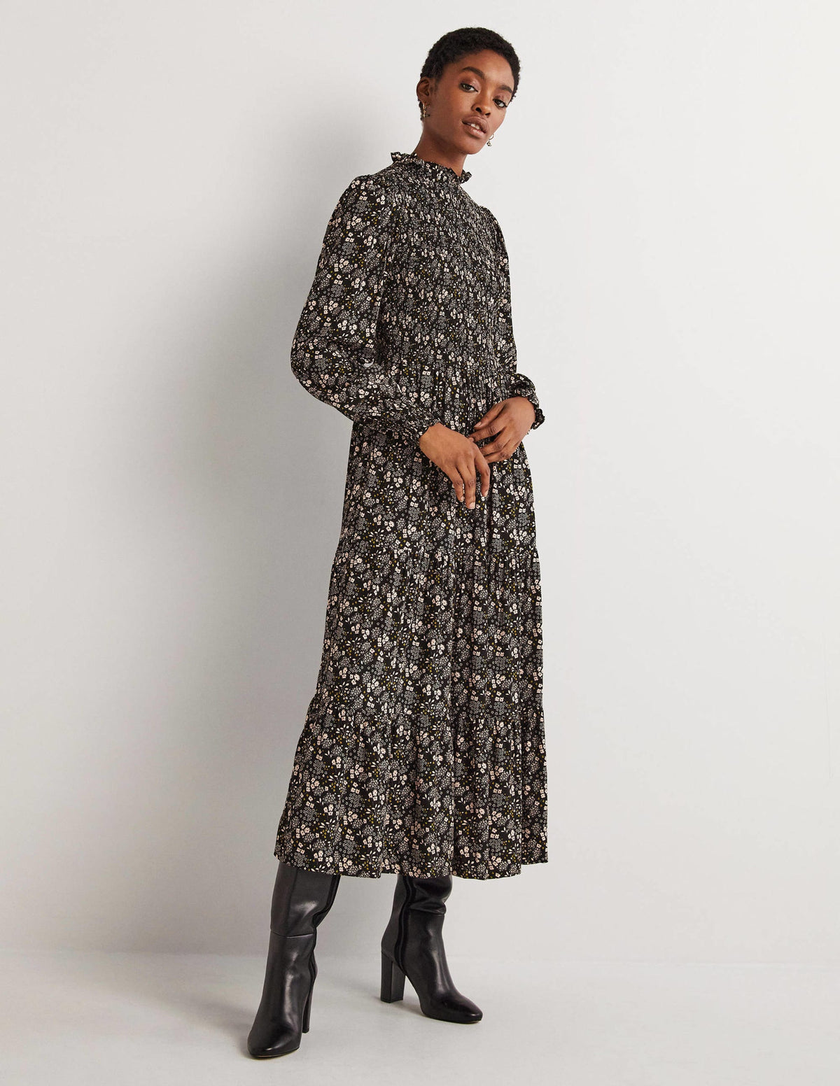 Smocked Tiered Midi Dress-Black, Prairie Garden-1