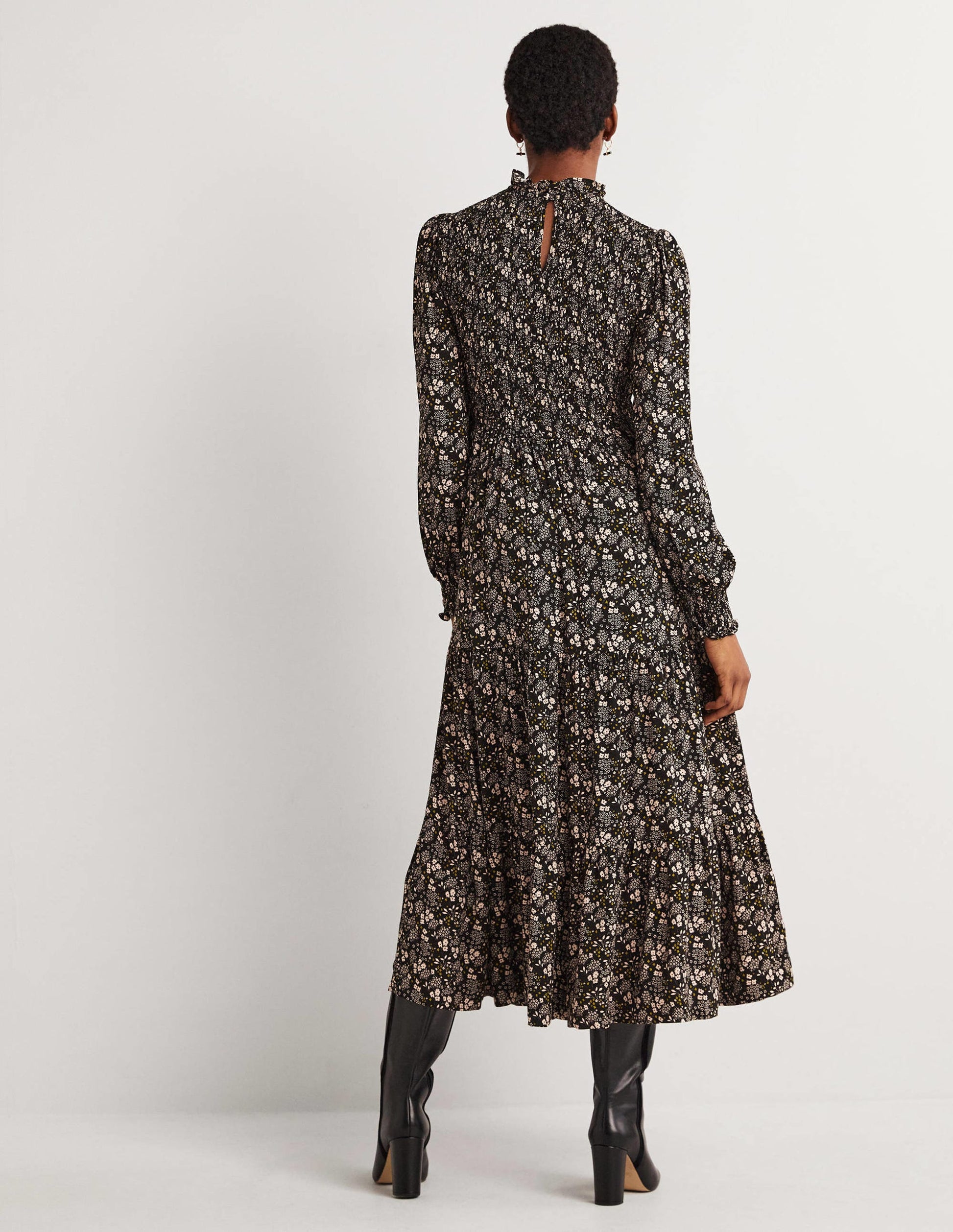Smocked Tiered Midi Dress-Black, Prairie Garden-3