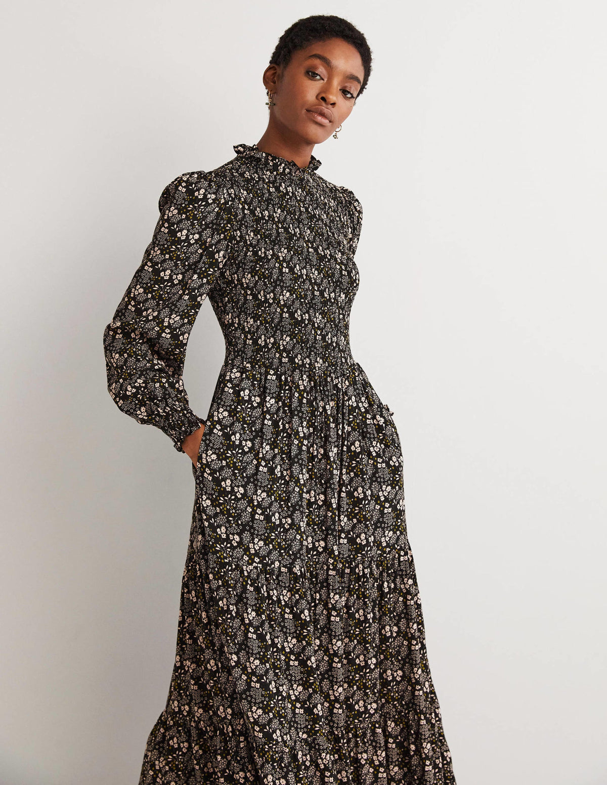 Smocked Tiered Midi Dress-Black, Prairie Garden - Image 4