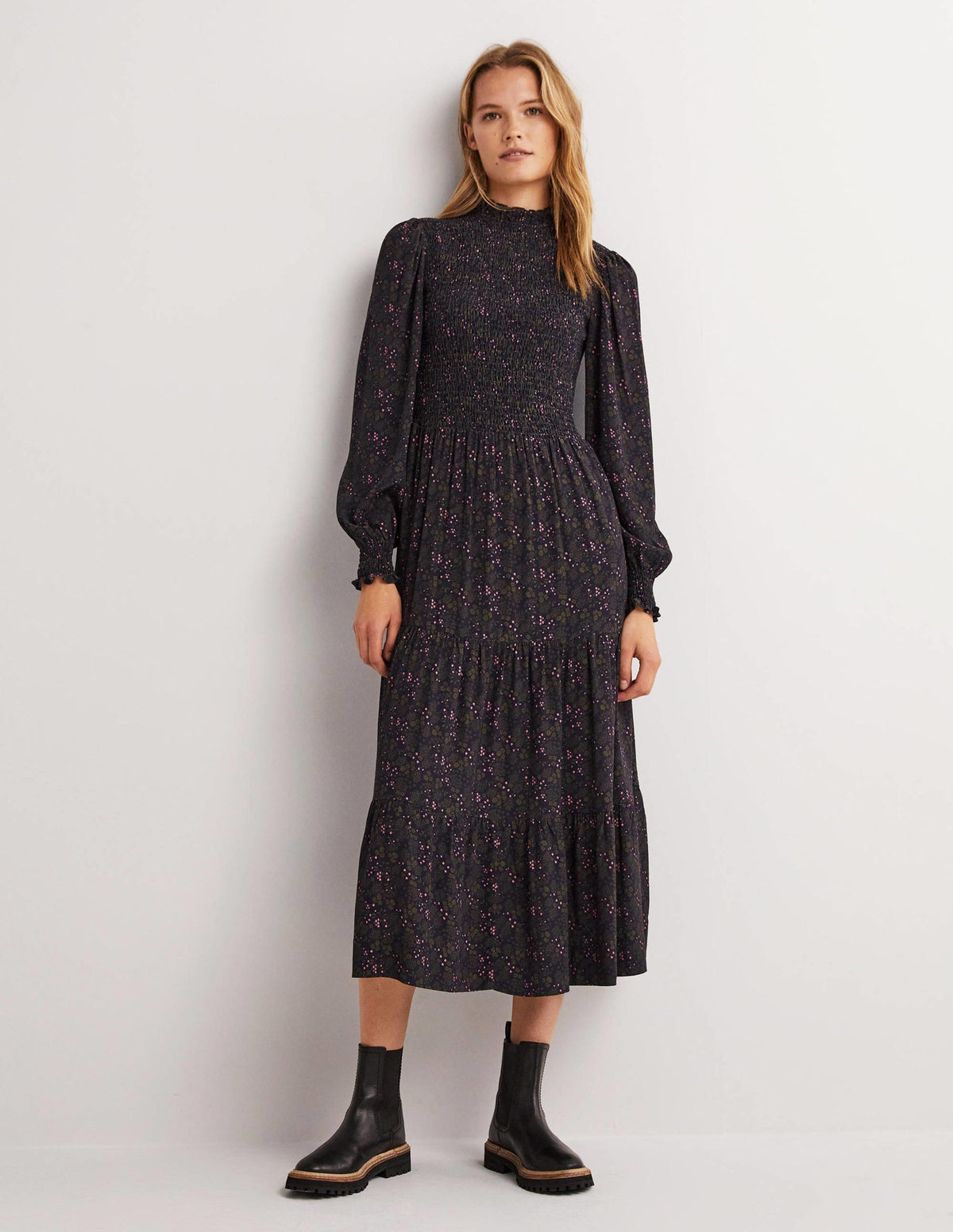 Smocked Tiered Midi Dress-Navy, Prairie Garden - Image 1