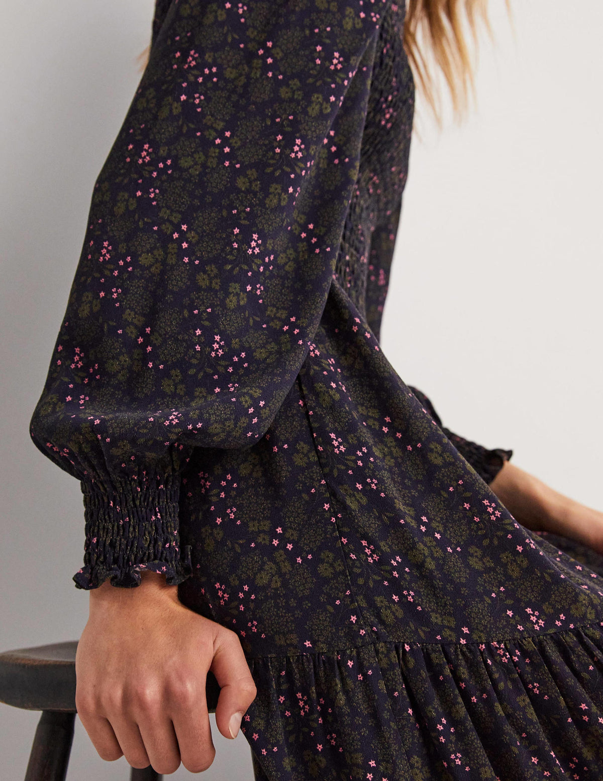 Smocked Tiered Midi Dress-Navy, Prairie Garden - Image 2