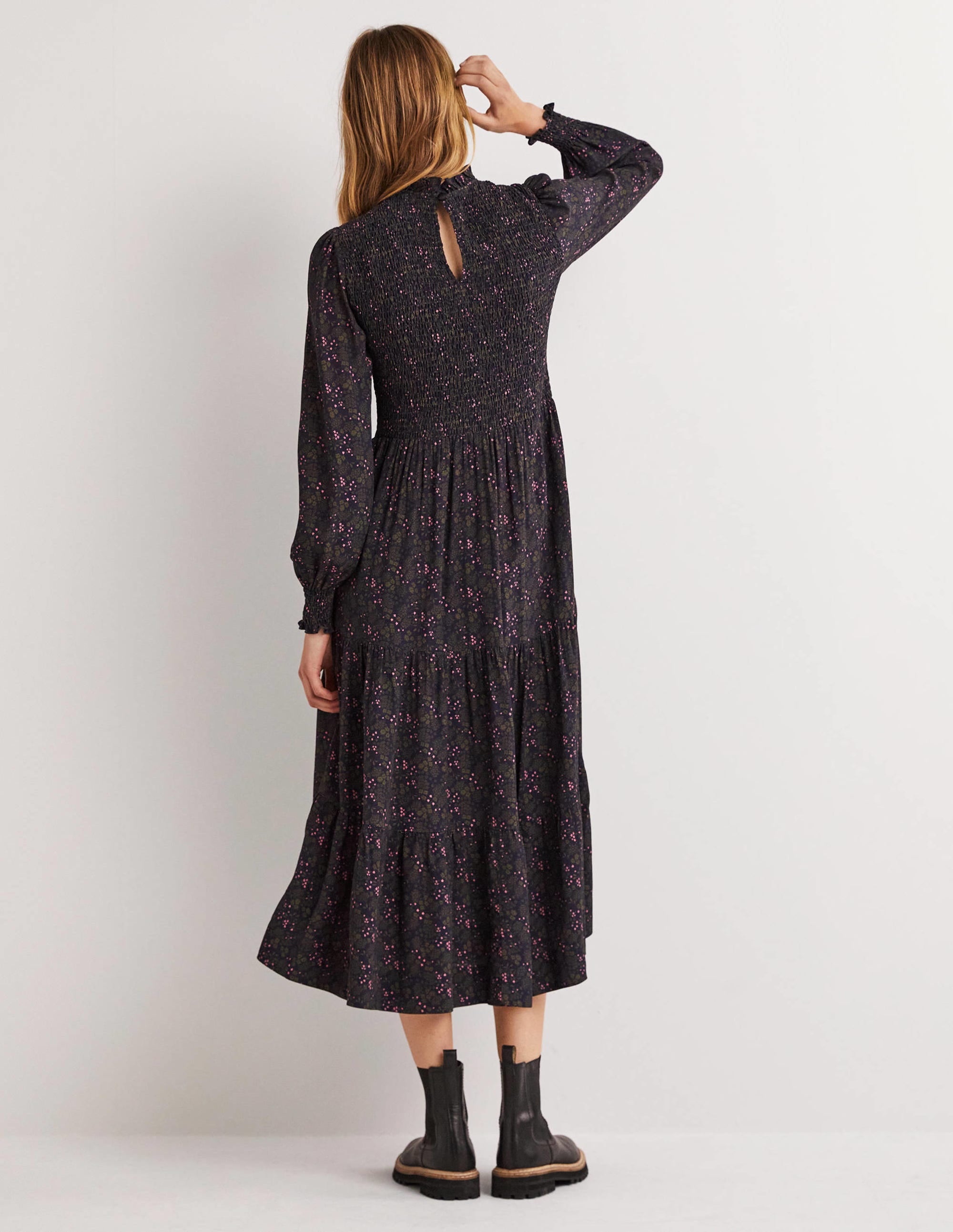 Smocked Tiered Midi Dress-Navy, Prairie Garden - Image 3