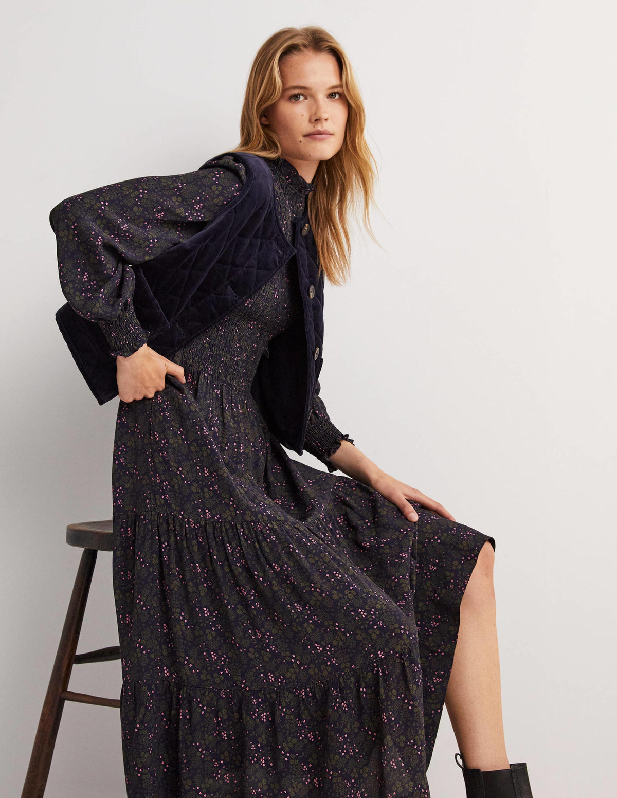 Smocked Tiered Midi Dress-Navy, Prairie Garden-5