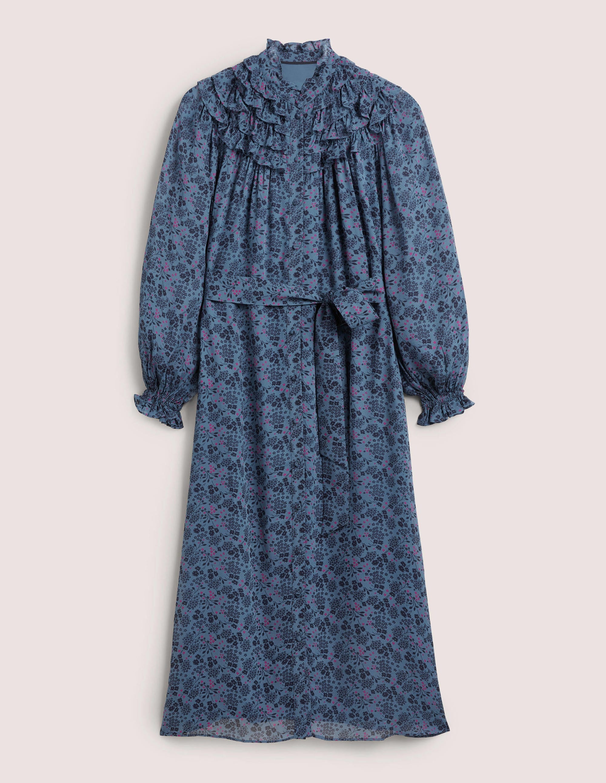 Ruffle Yoke Midi Shirt Dress-Mid Blue, Prairie Garden - Image 7
