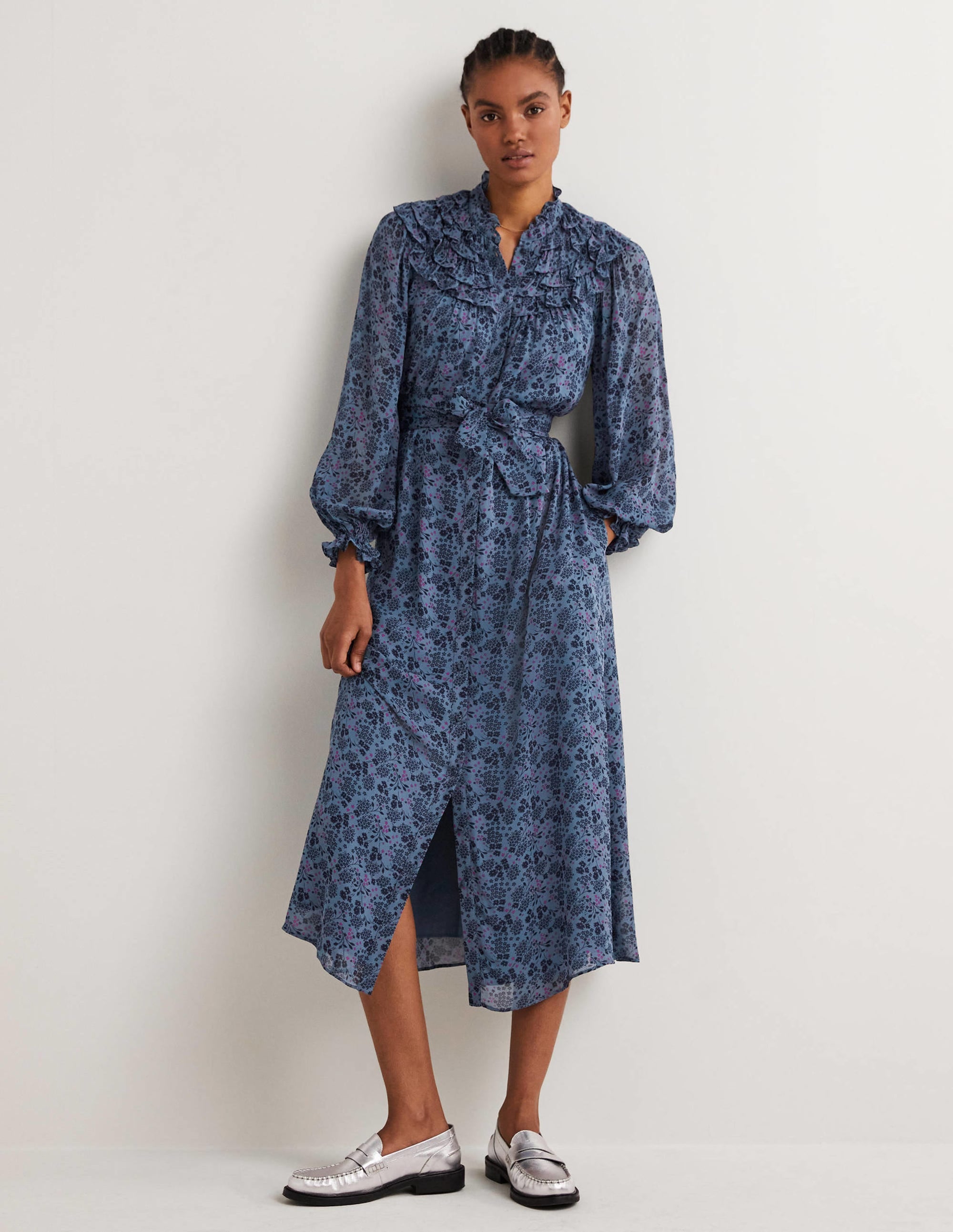 Ruffle Yoke Midi Shirt Dress-Mid Blue, Prairie Garden - Image 1