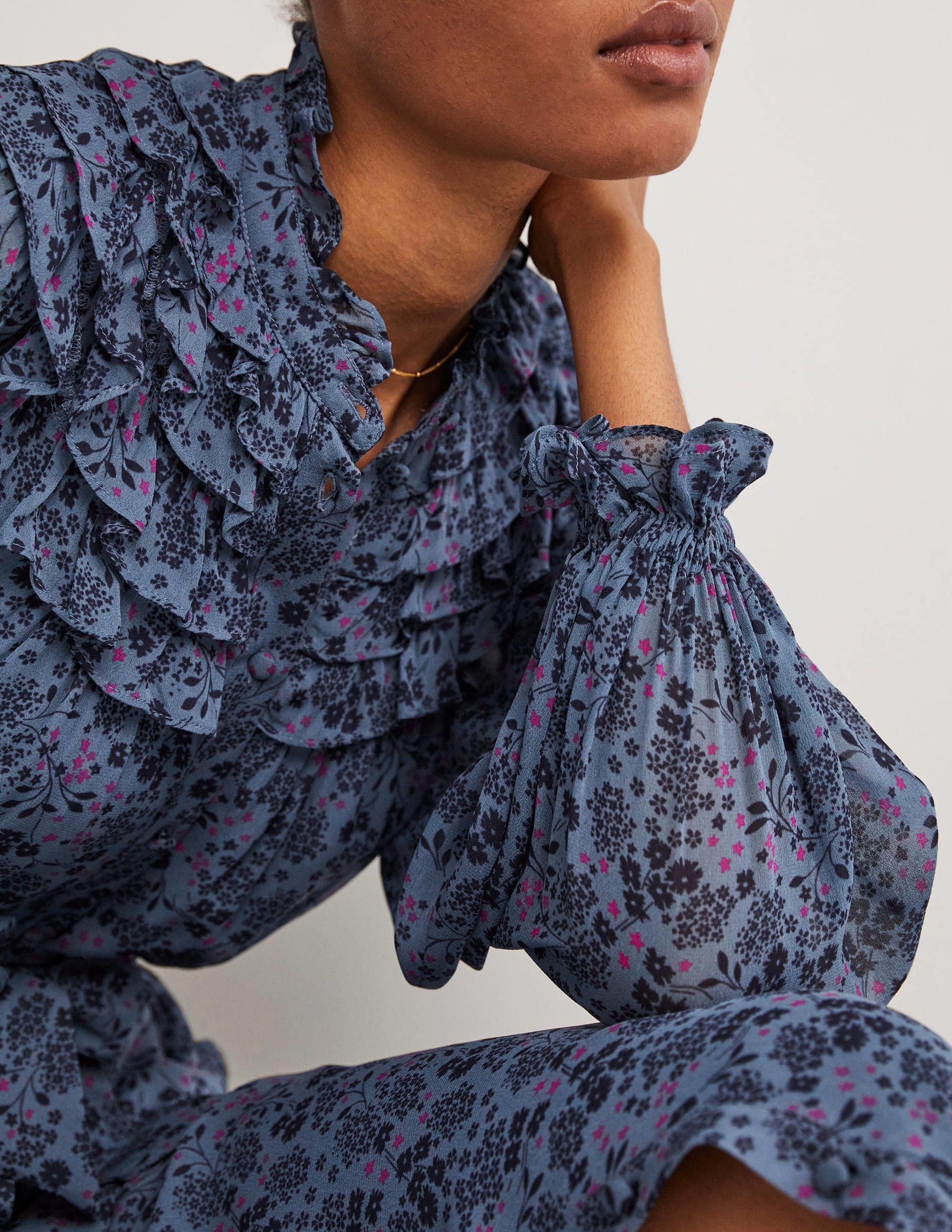 Ruffle Yoke Midi Shirt Dress-Mid Blue, Prairie Garden-2