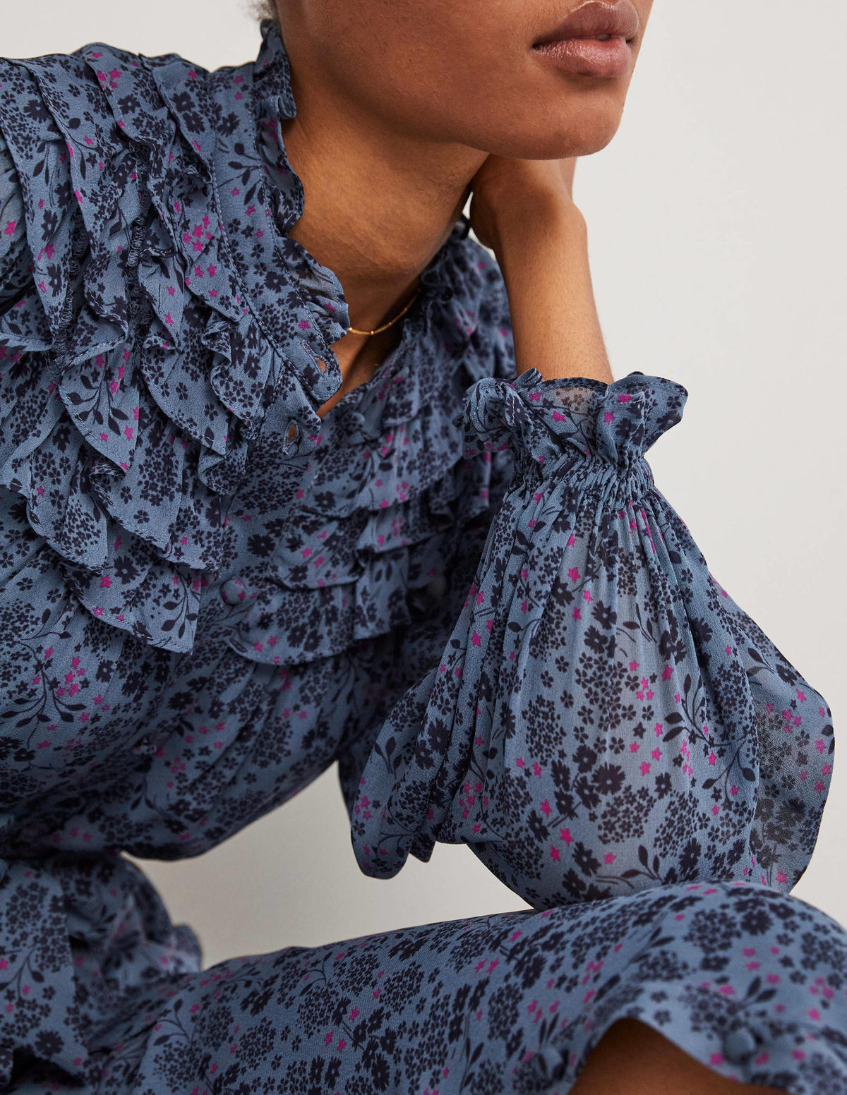 Ruffle Yoke Midi Shirt Dress-Mid Blue, Prairie Garden - Image 2