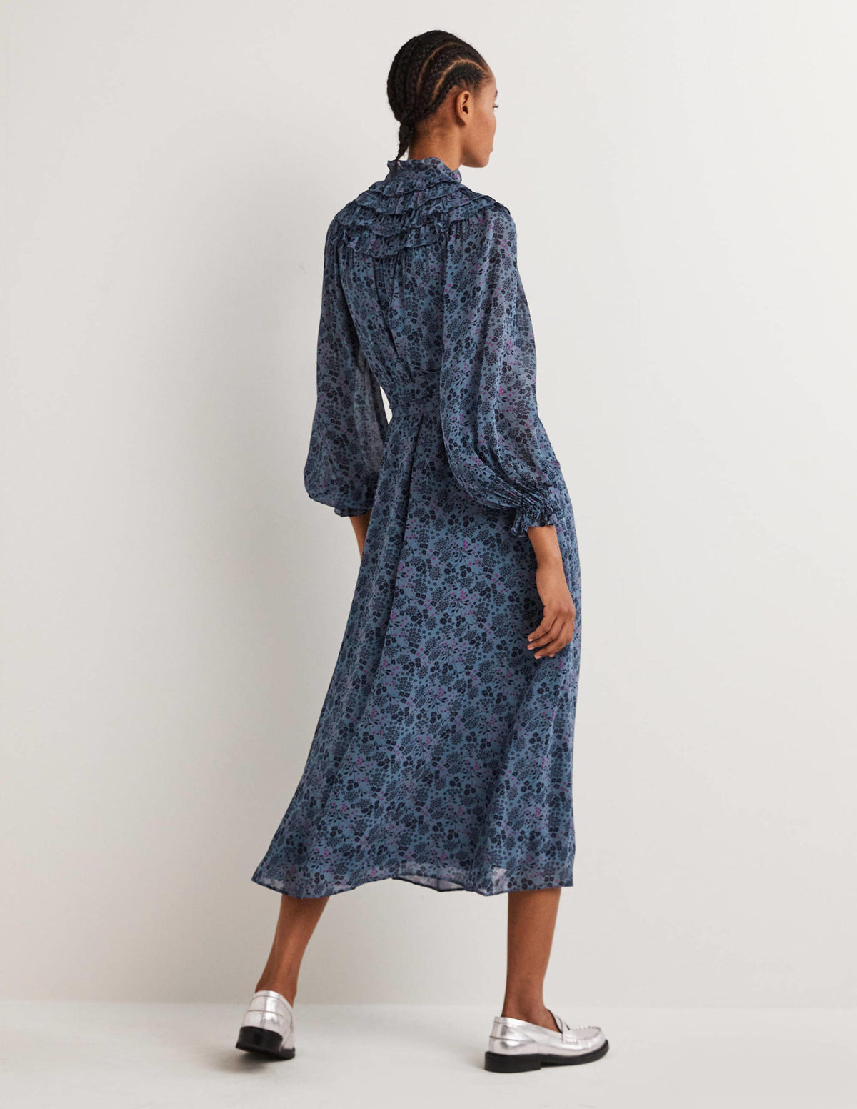 Ruffle Yoke Midi Shirt Dress-Mid Blue, Prairie Garden-3