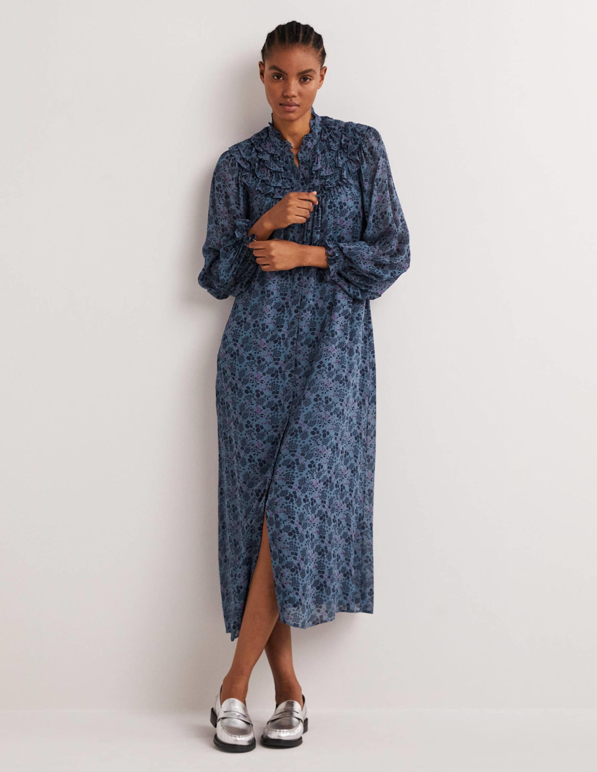 Ruffle Yoke Midi Shirt Dress-Mid Blue, Prairie Garden - Image 4