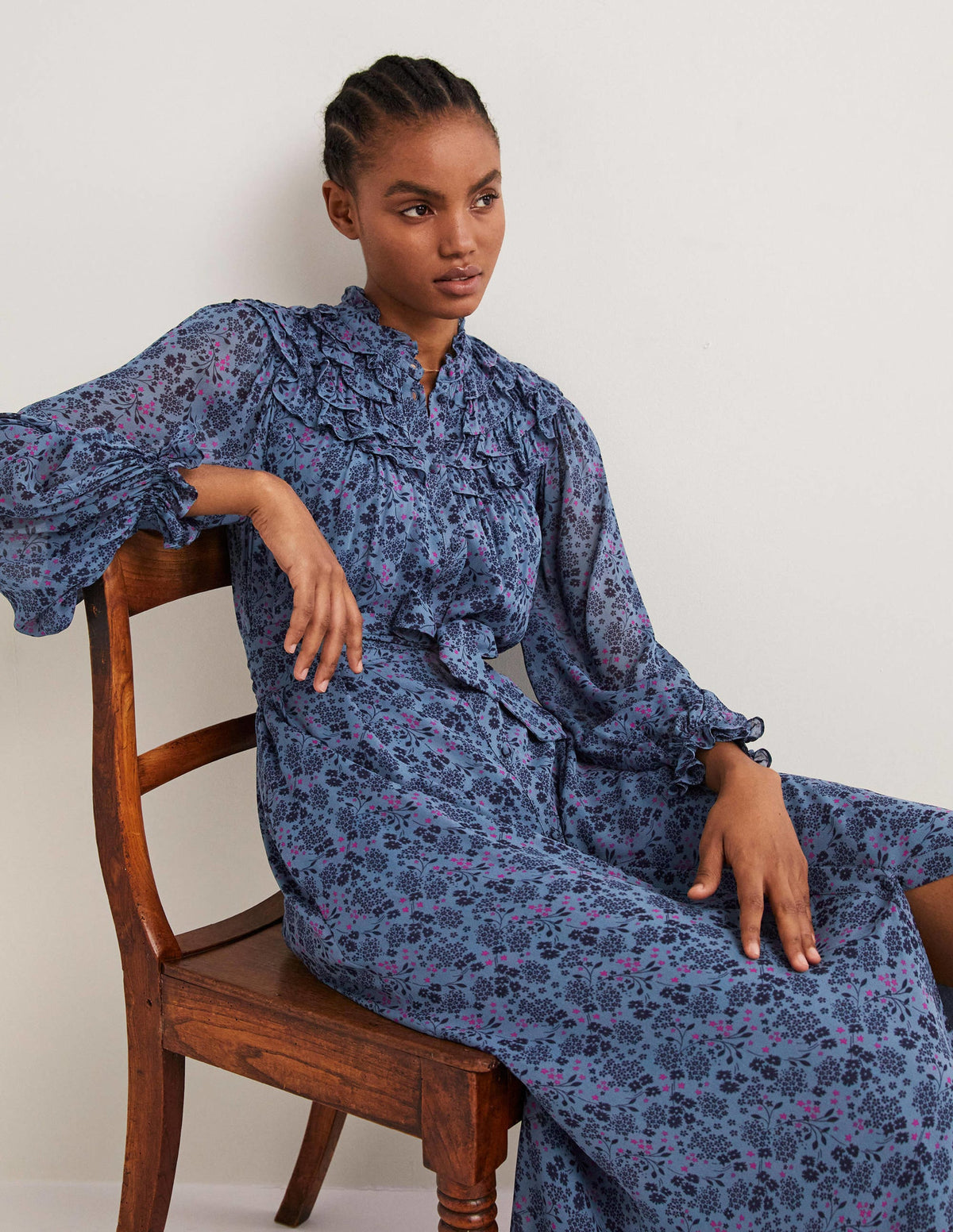 Ruffle Yoke Midi Shirt Dress-Mid Blue, Prairie Garden-5