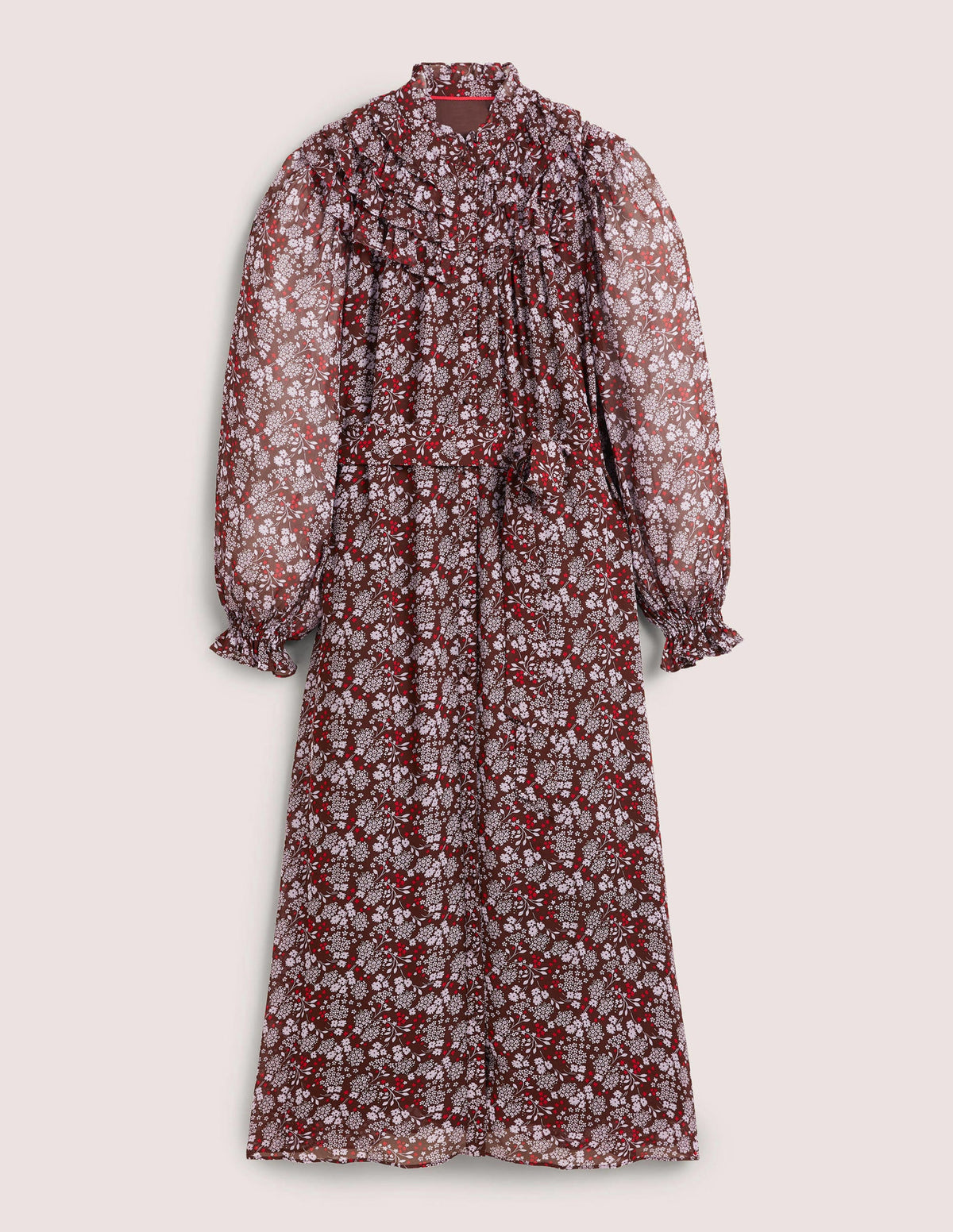 Ruffle Yoke Midi Shirt Dress-Deep Mahogny, Prairie Garden-6