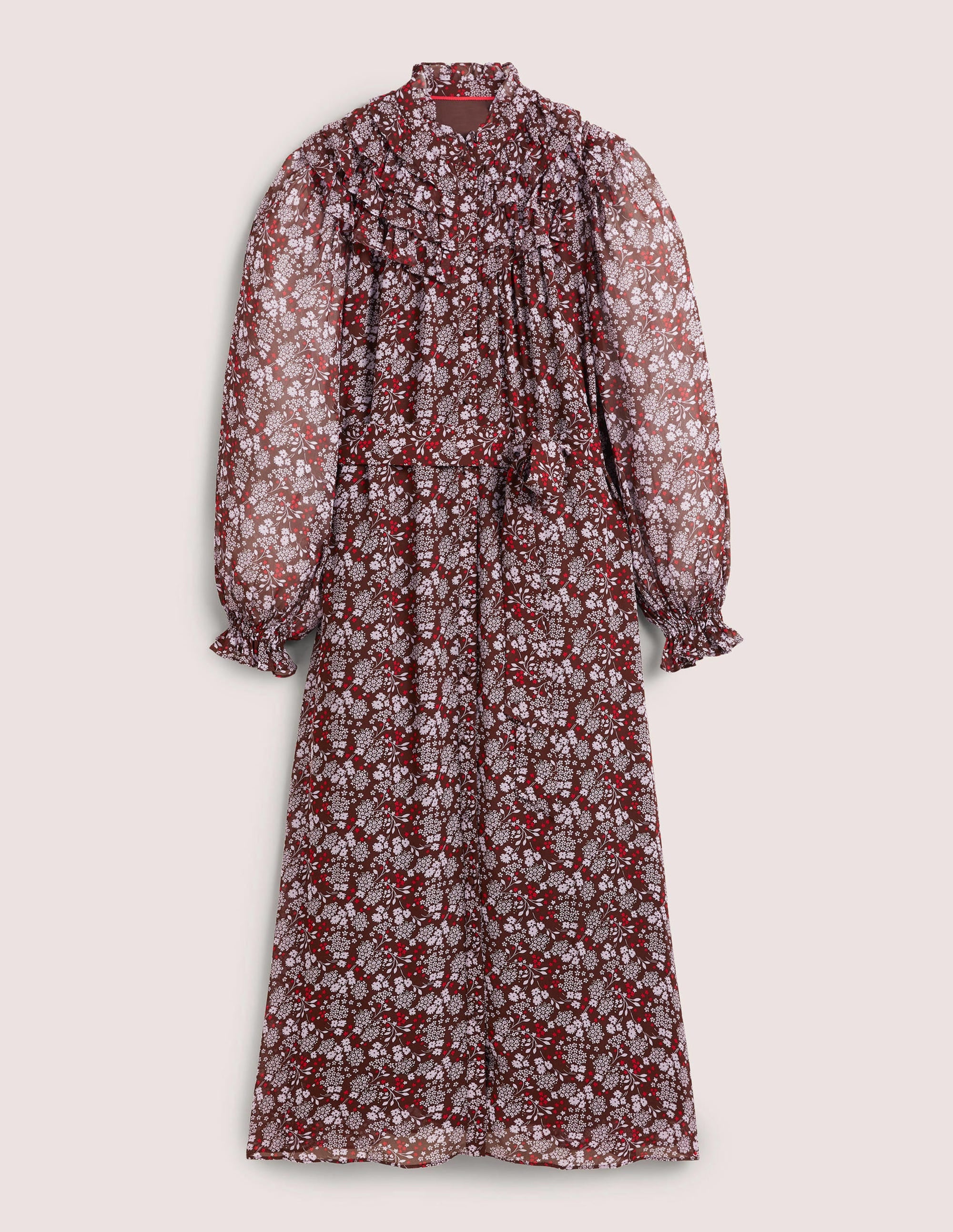 Ruffle Yoke Midi Shirt Dress-Deep Mahogny, Prairie Garden - Image 6