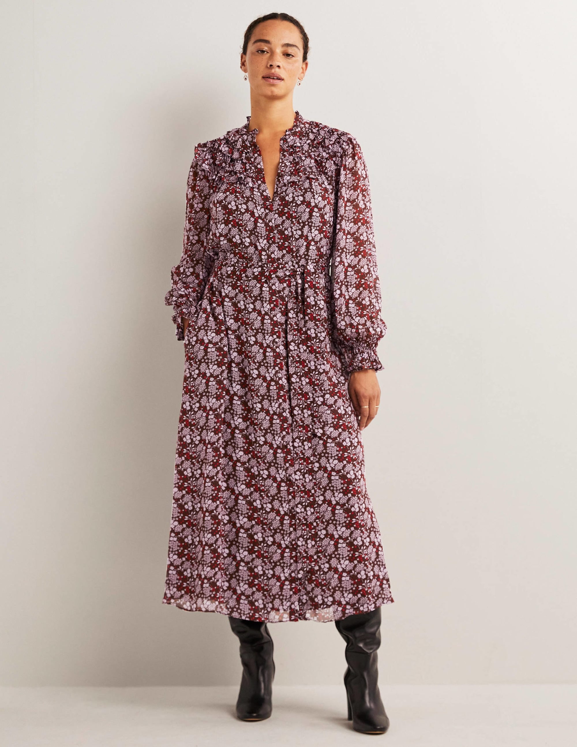 Ruffle Yoke Midi Shirt Dress-Deep Mahogny, Prairie Garden - Image 1