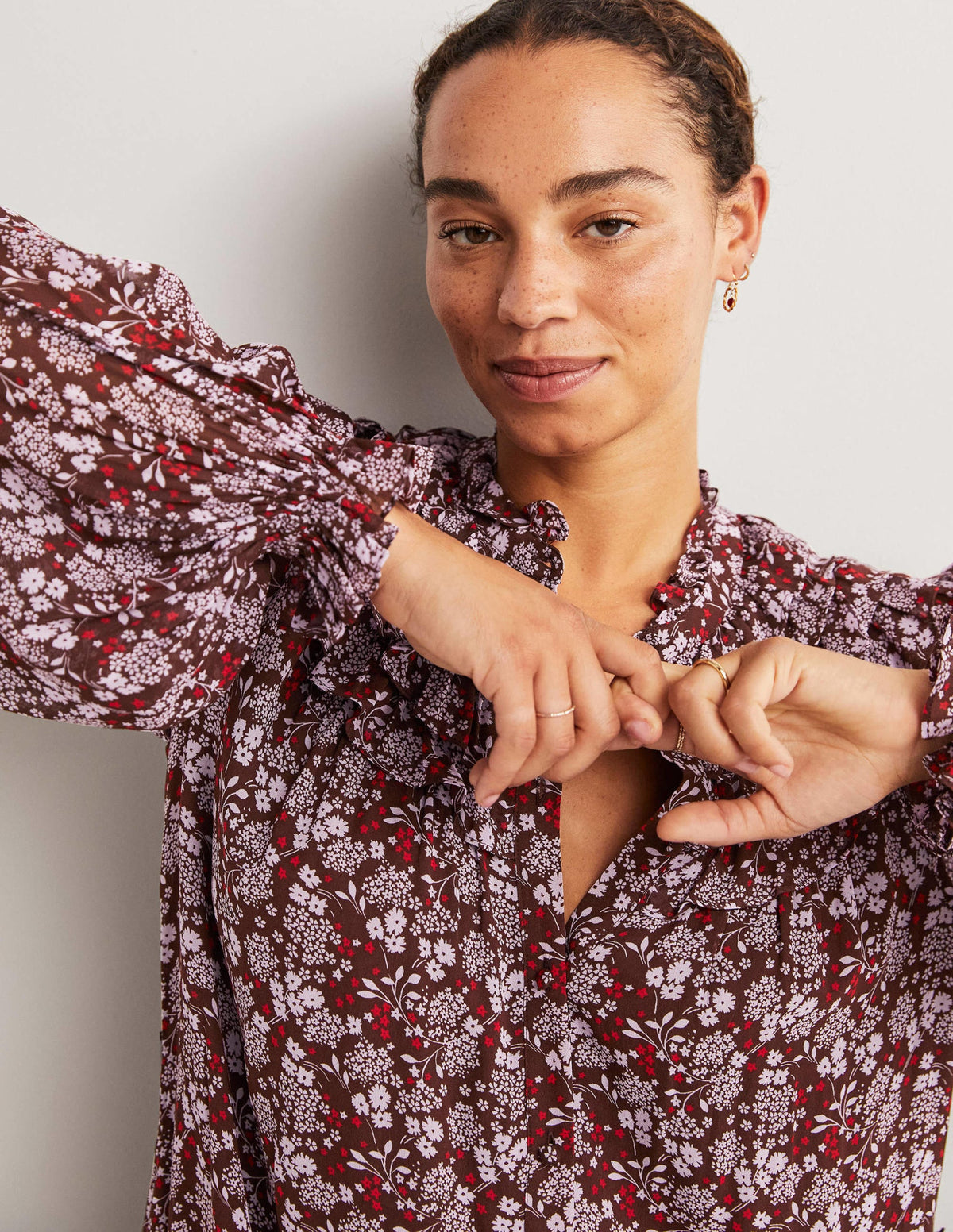 Ruffle Yoke Midi Shirt Dress-Deep Mahogny, Prairie Garden-2