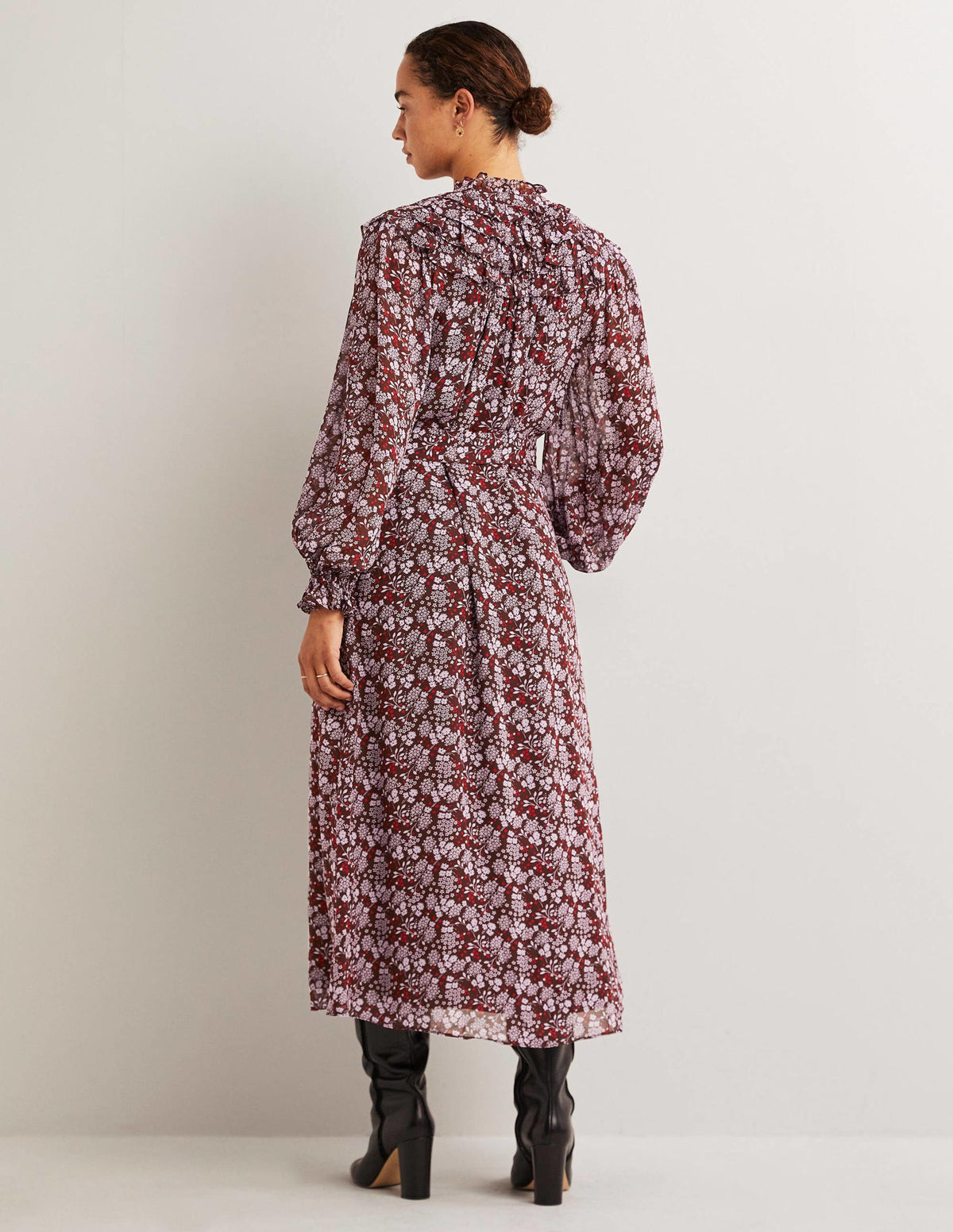 Ruffle Yoke Midi Shirt Dress-Deep Mahogny, Prairie Garden - Image 3