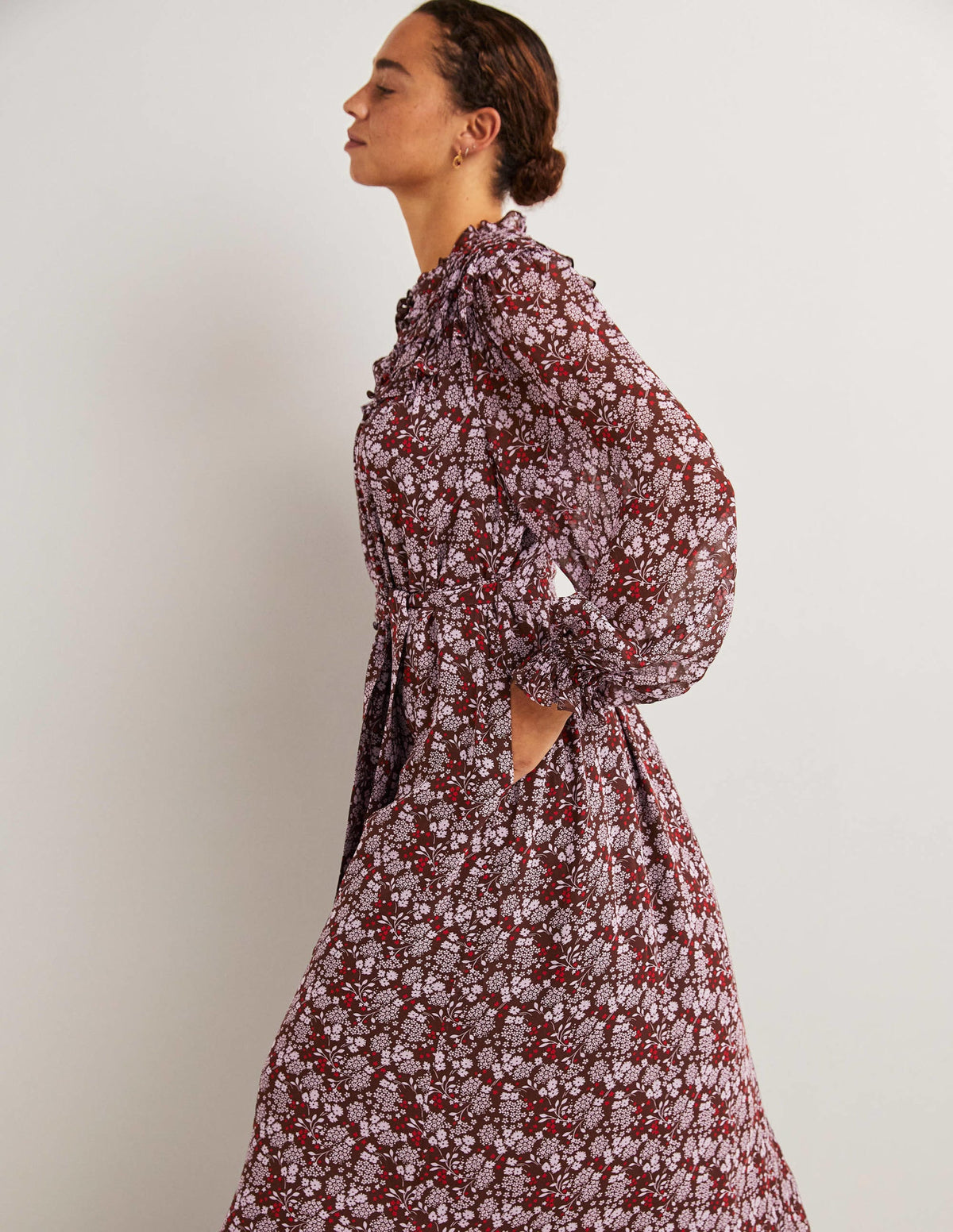 Ruffle Yoke Midi Shirt Dress-Deep Mahogny, Prairie Garden-4