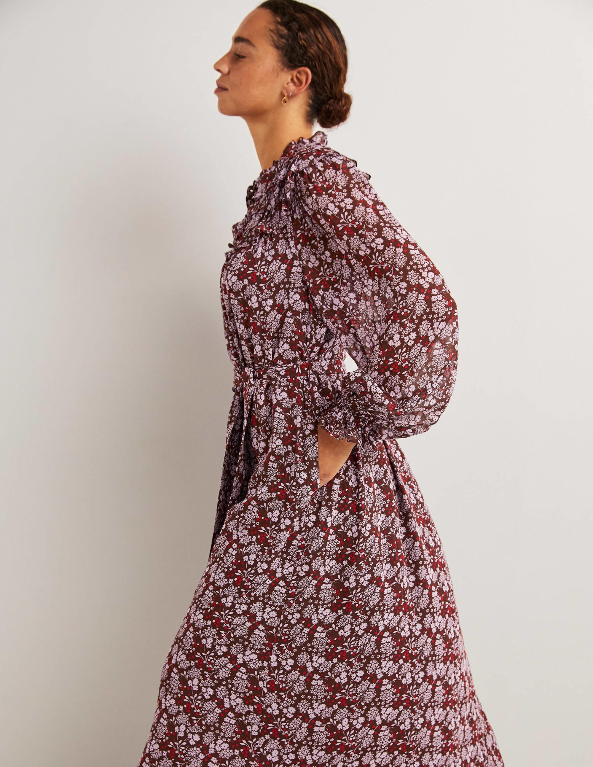 Ruffle Yoke Midi Shirt Dress-Deep Mahogny, Prairie Garden - Image 4