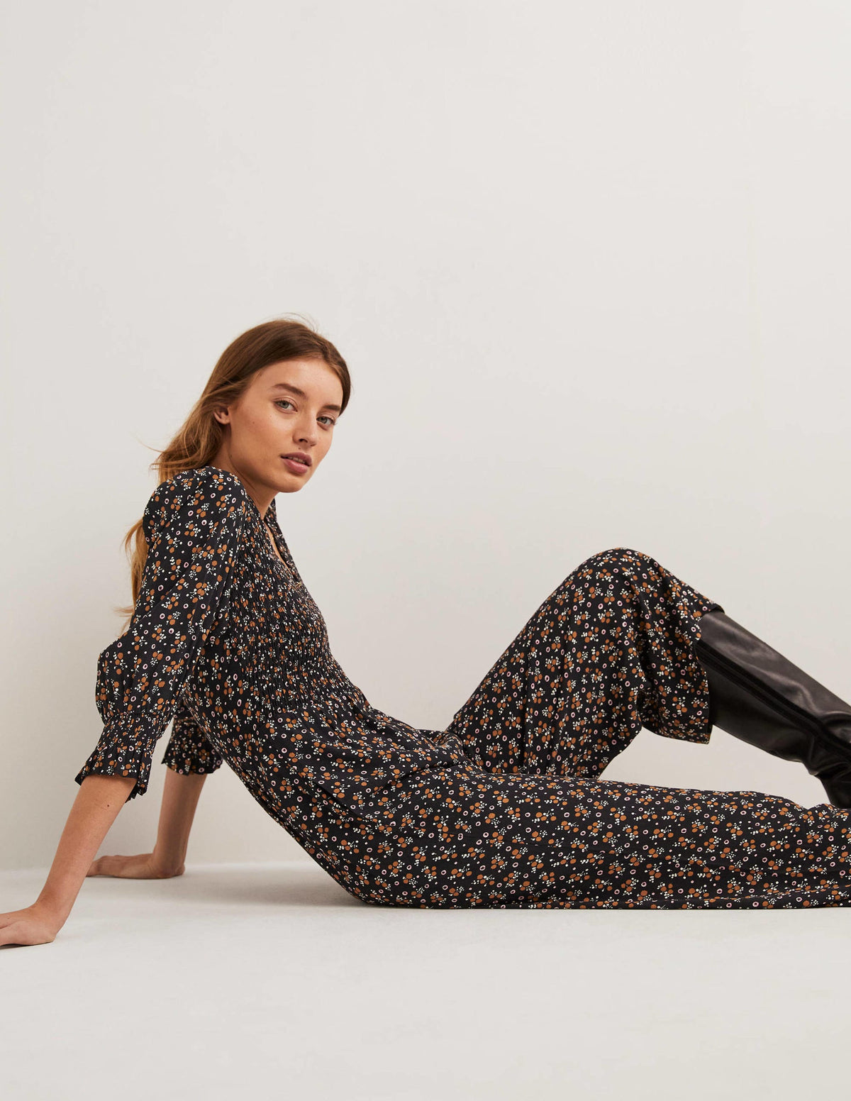 Smocked Bodice Jumpsuit-Black, Berry Sprig-1