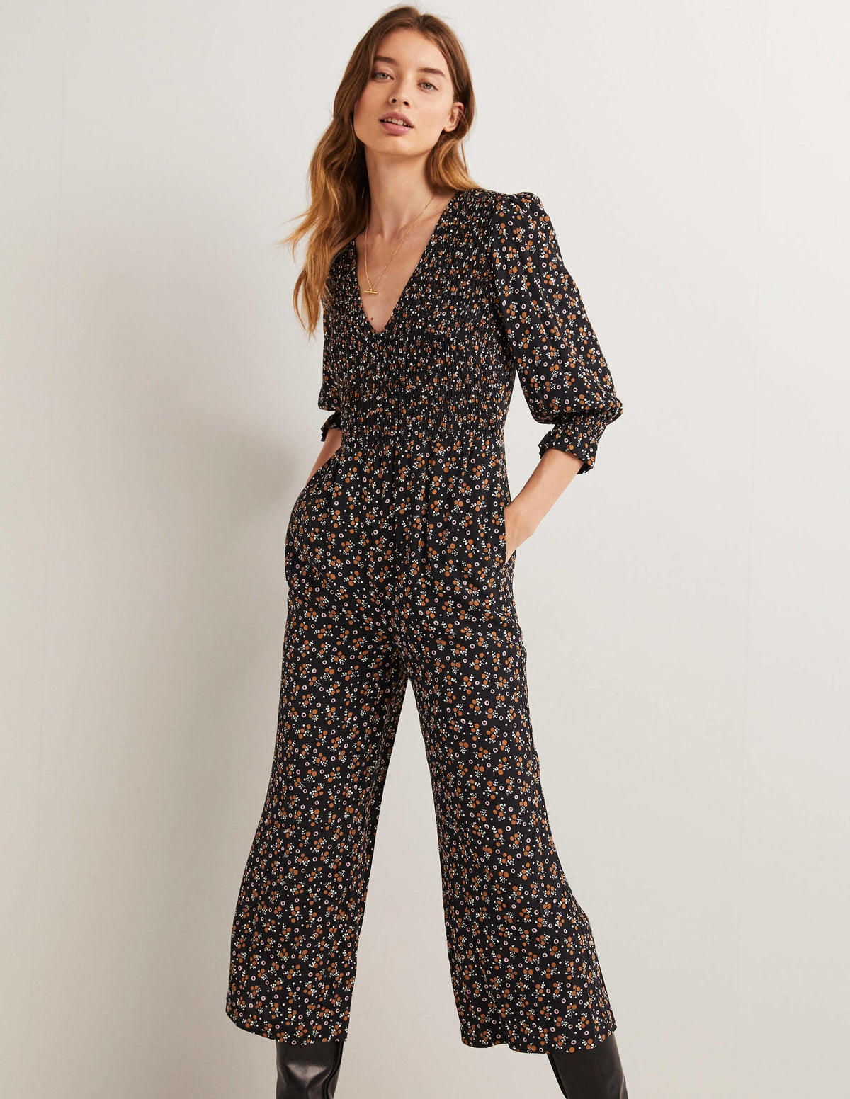 Smocked Bodice Jumpsuit-Black, Berry Sprig-2