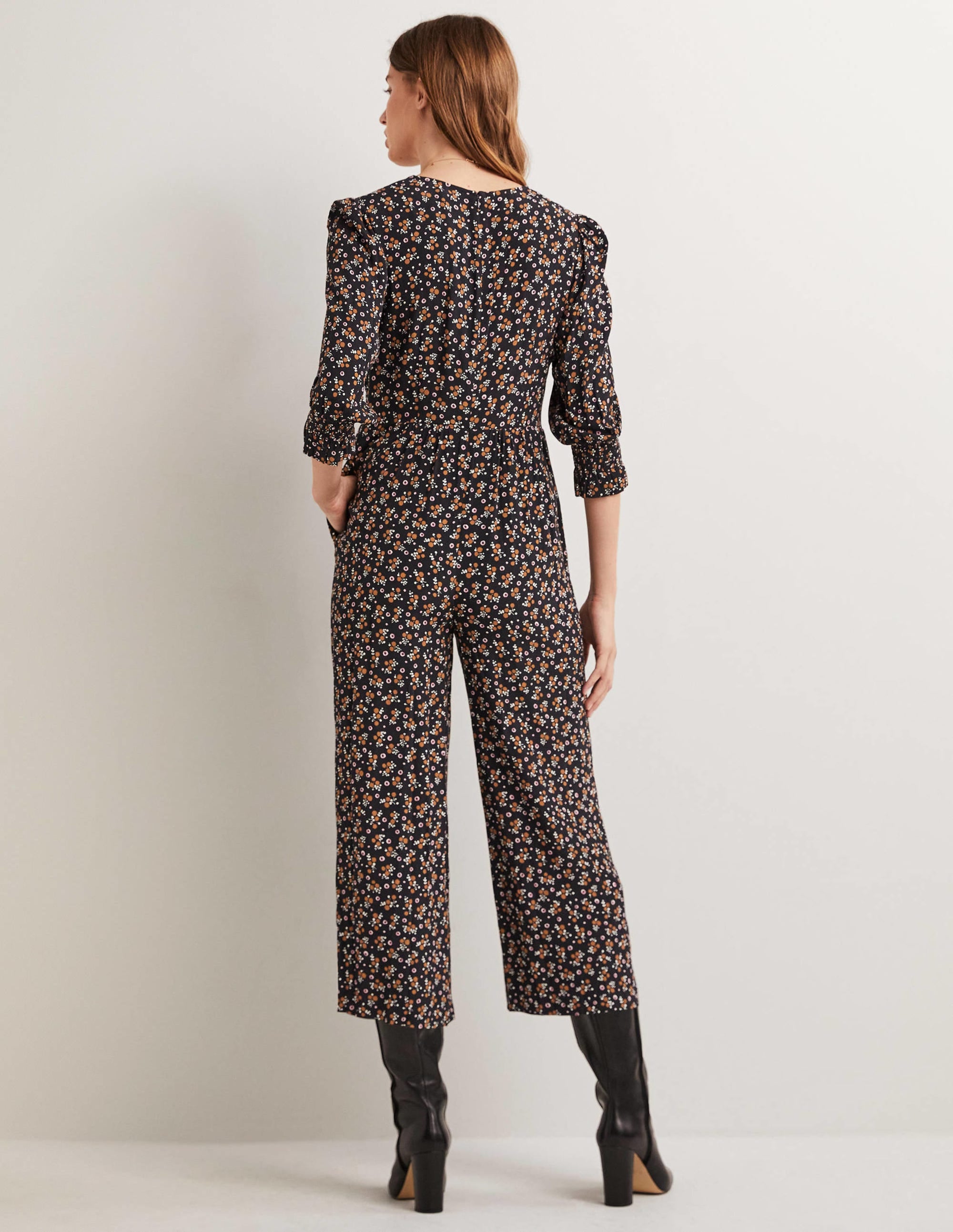 Smocked Bodice Jumpsuit-Black, Berry Sprig - Image 4