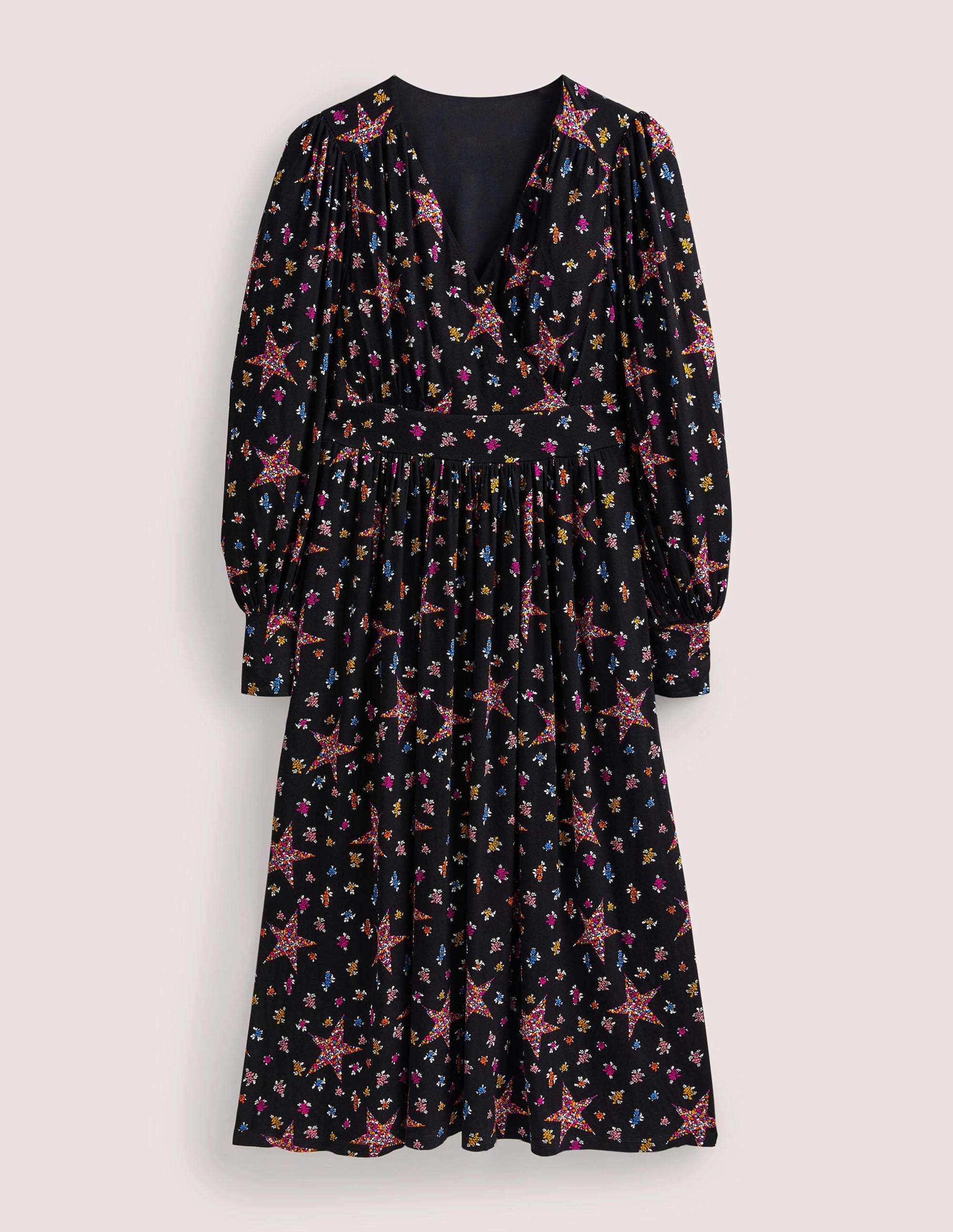 Fixed Wrap Jersey Midi Dress-Black, Star Floral - Image 6