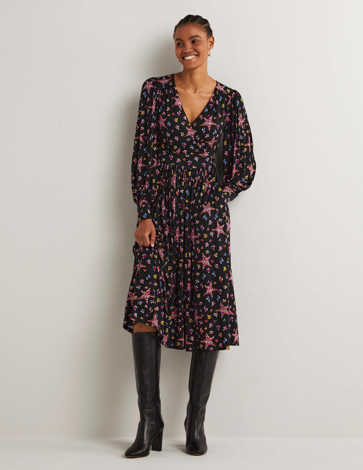 Fixed Wrap Jersey Midi Dress-Black, Star Floral-1