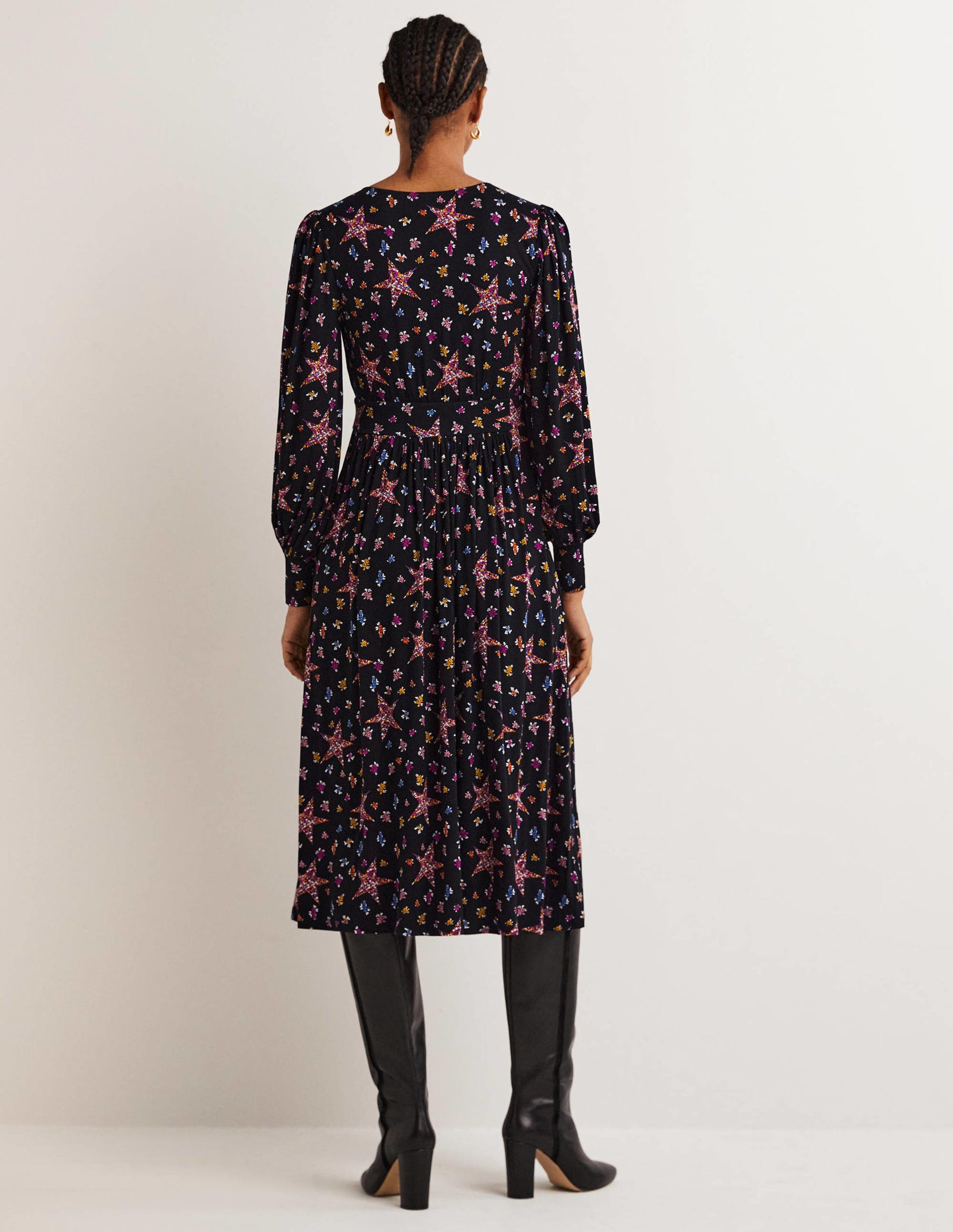 Fixed Wrap Jersey Midi Dress-Black, Star Floral-3