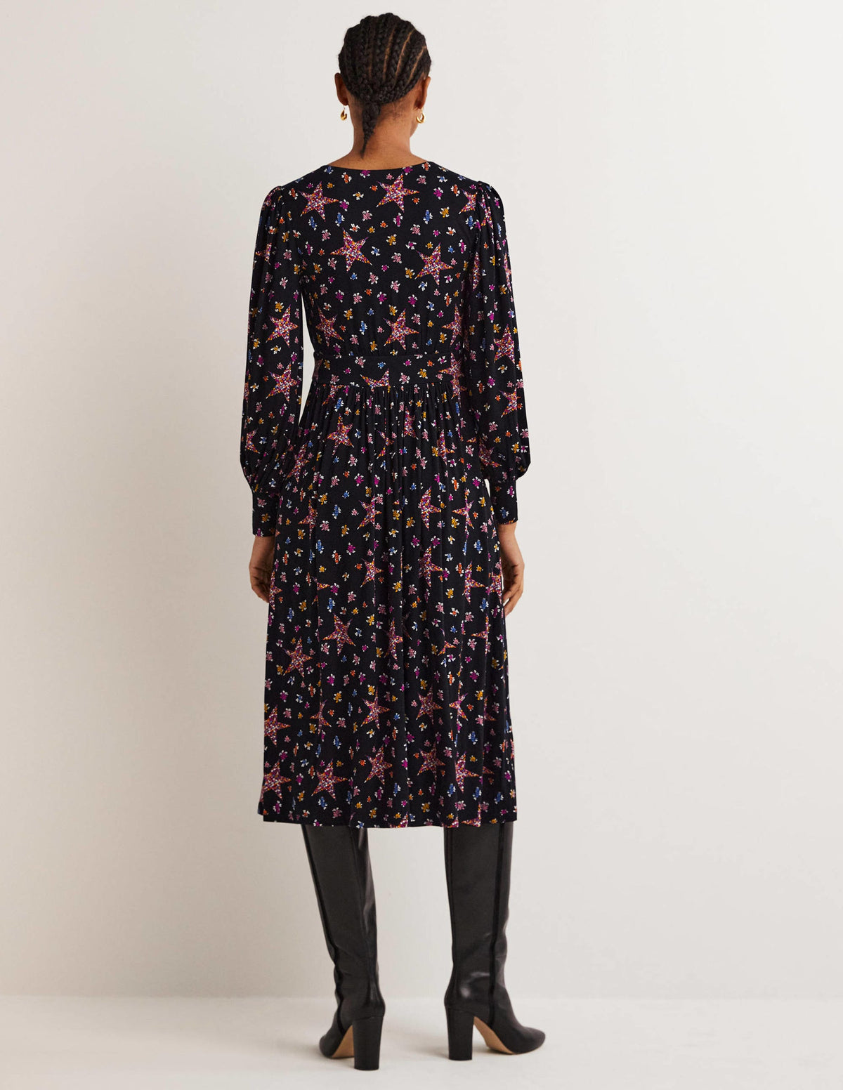 Fixed Wrap Jersey Midi Dress-Black, Star Floral - Image 3