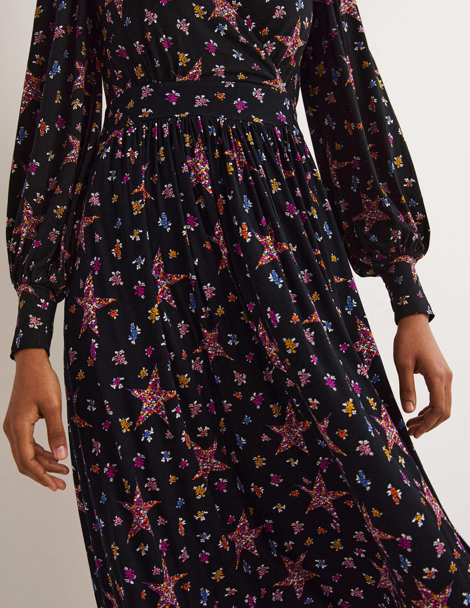 Fixed Wrap Jersey Midi Dress-Black, Star Floral - Image 4