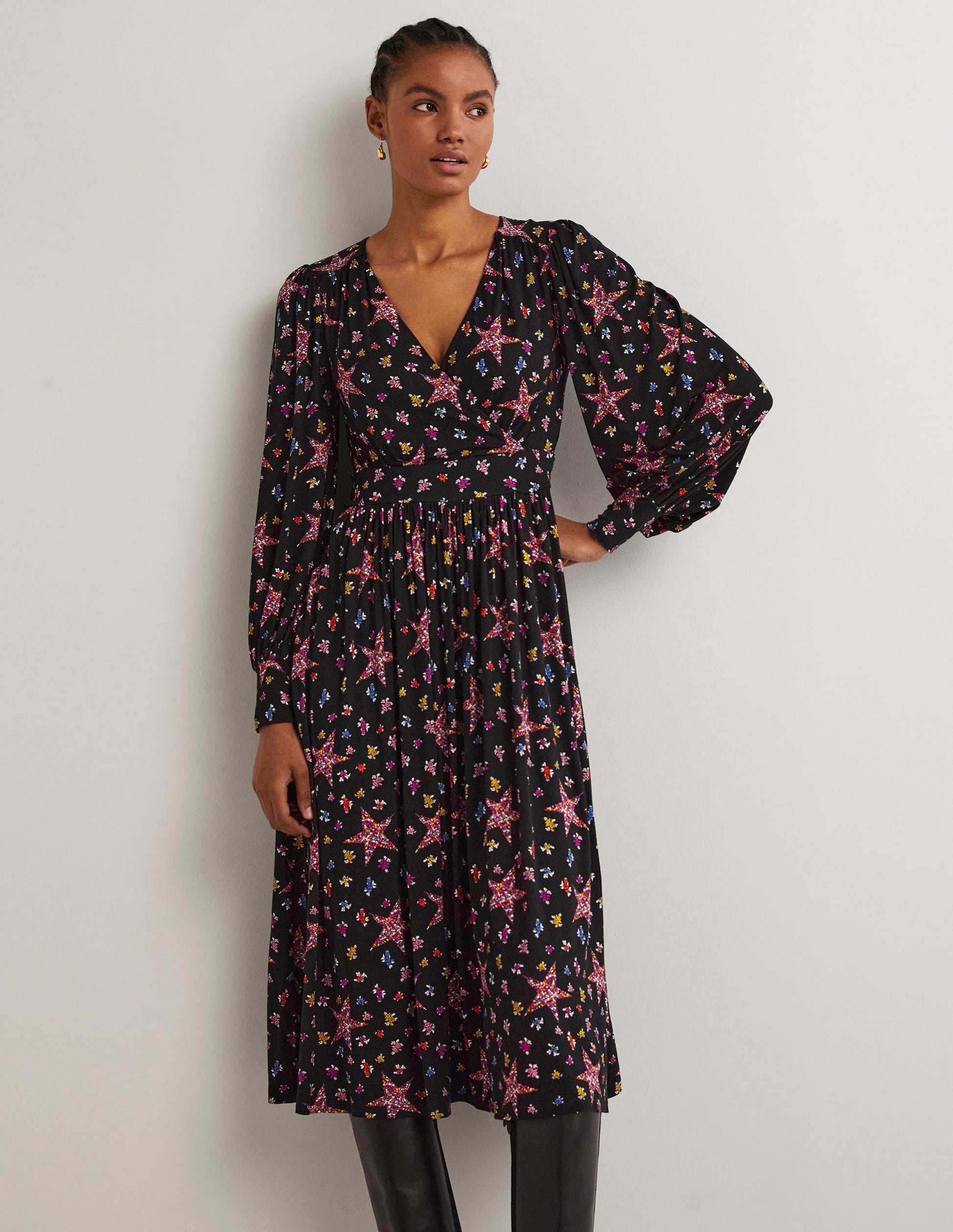 Fixed Wrap Jersey Midi Dress-Black, Star Floral-5