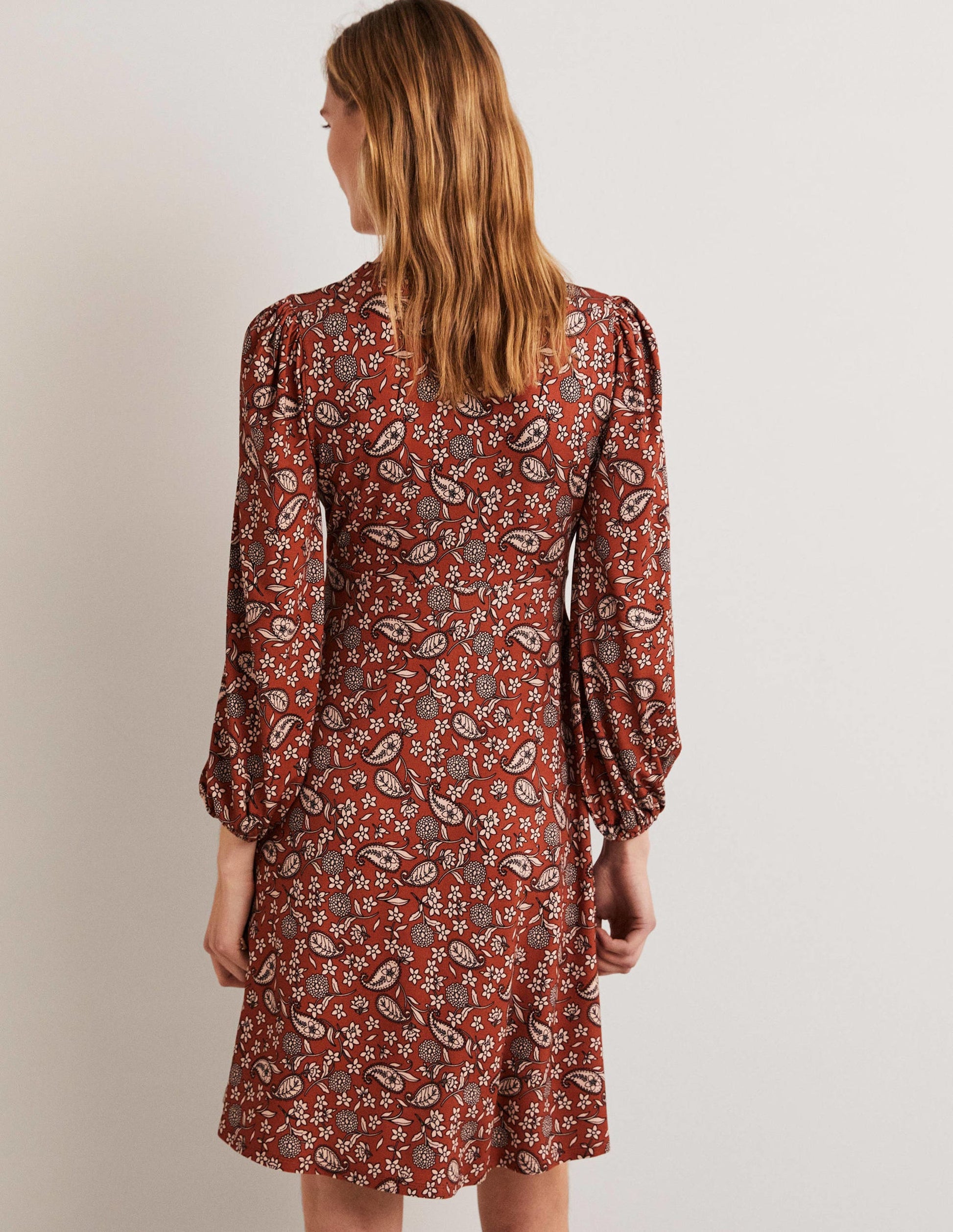 Easy Fixed Wrap Jersey Dress-Chili Oil, Flower Garden-3