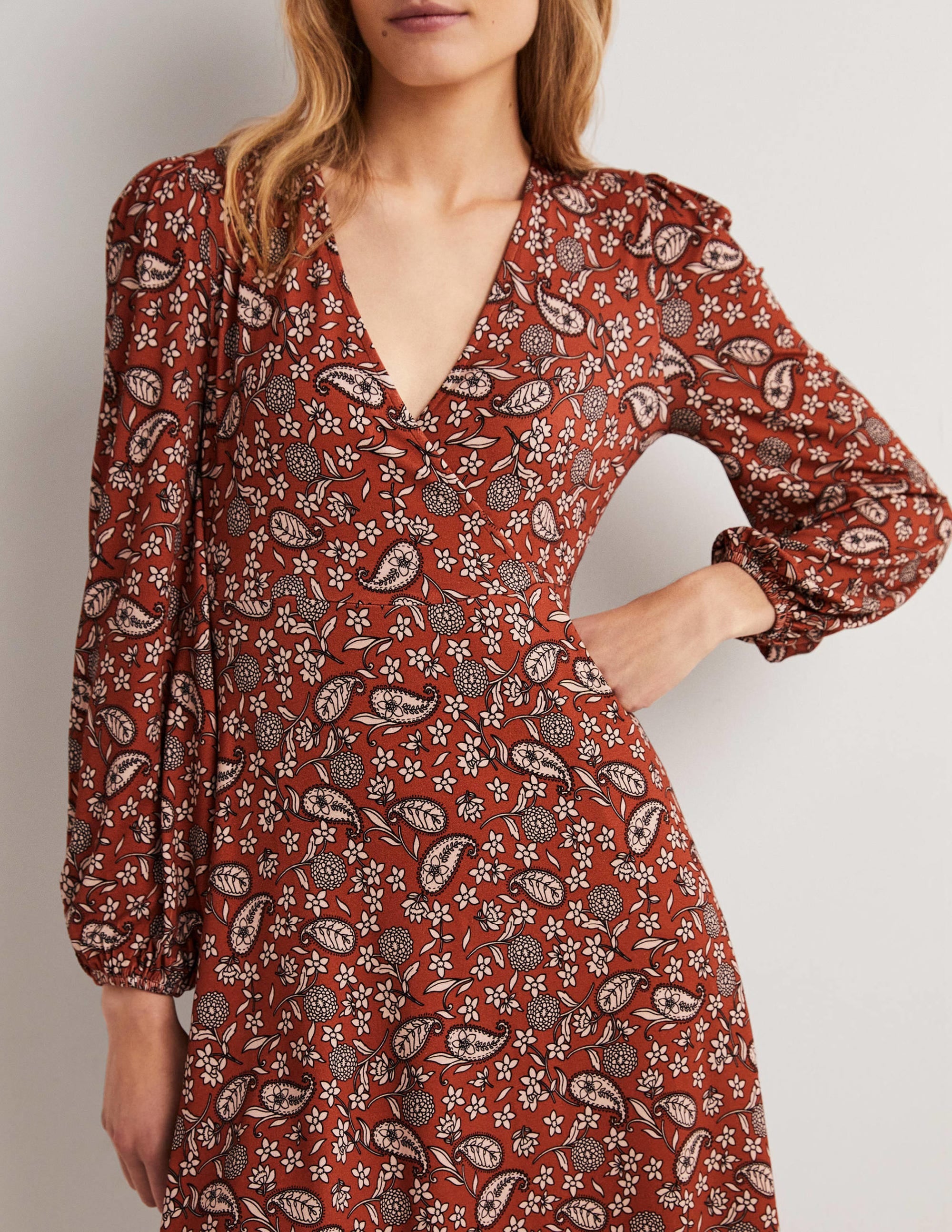 Easy Fixed Wrap Jersey Dress-Chili Oil, Flower Garden - Image 4