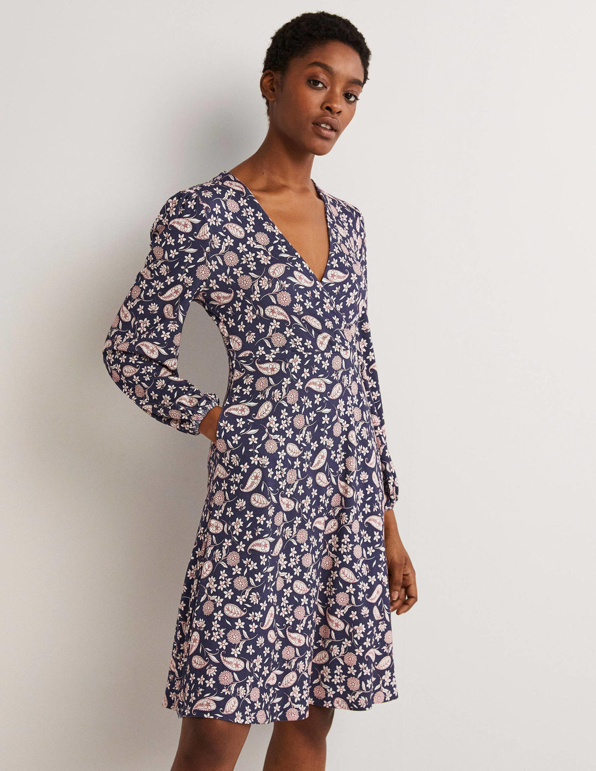 Easy Fixed Wrap Jersey Dress-French Navy, Flower Garden-1