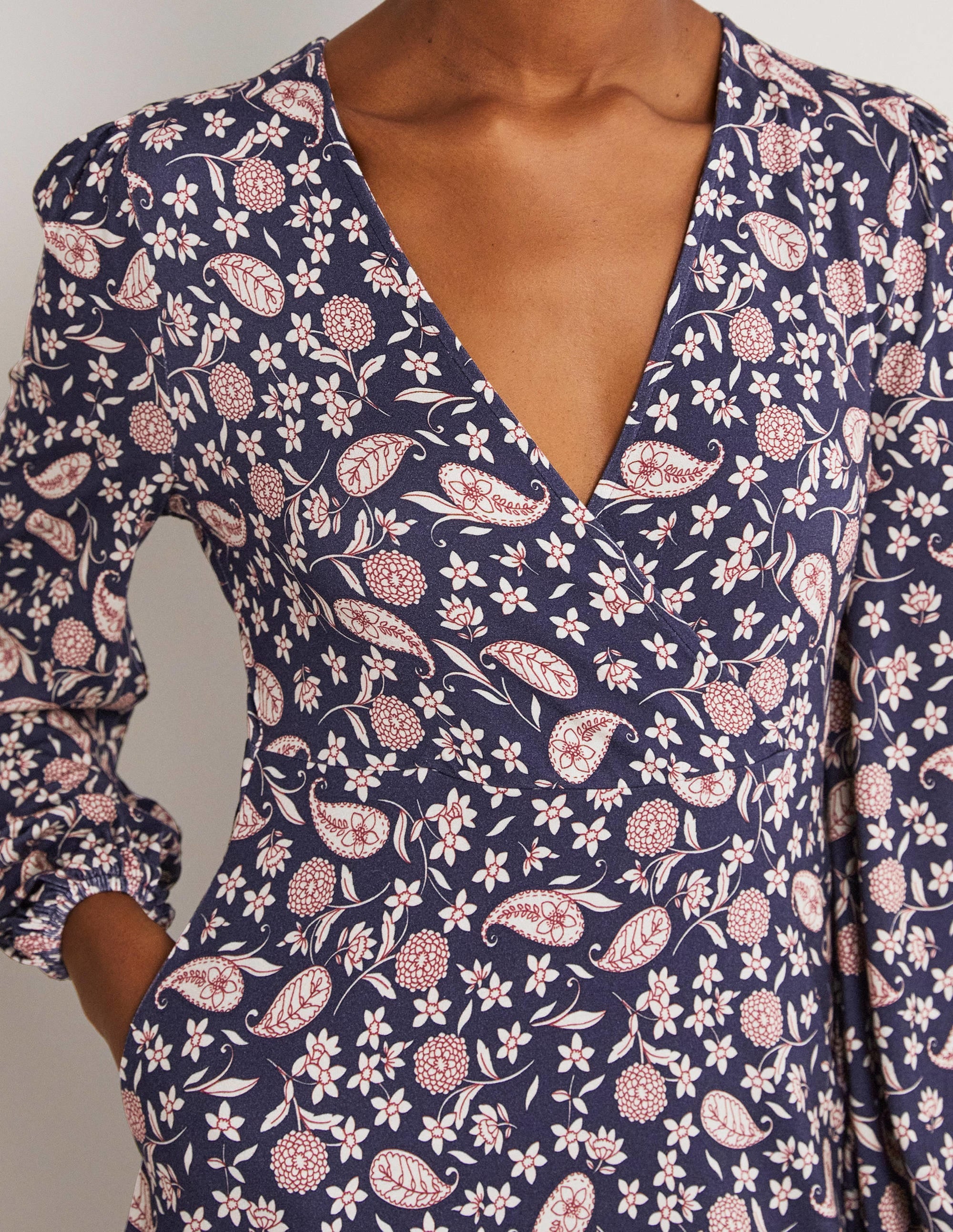 Easy Fixed Wrap Jersey Dress-French Navy, Flower Garden - Image 2